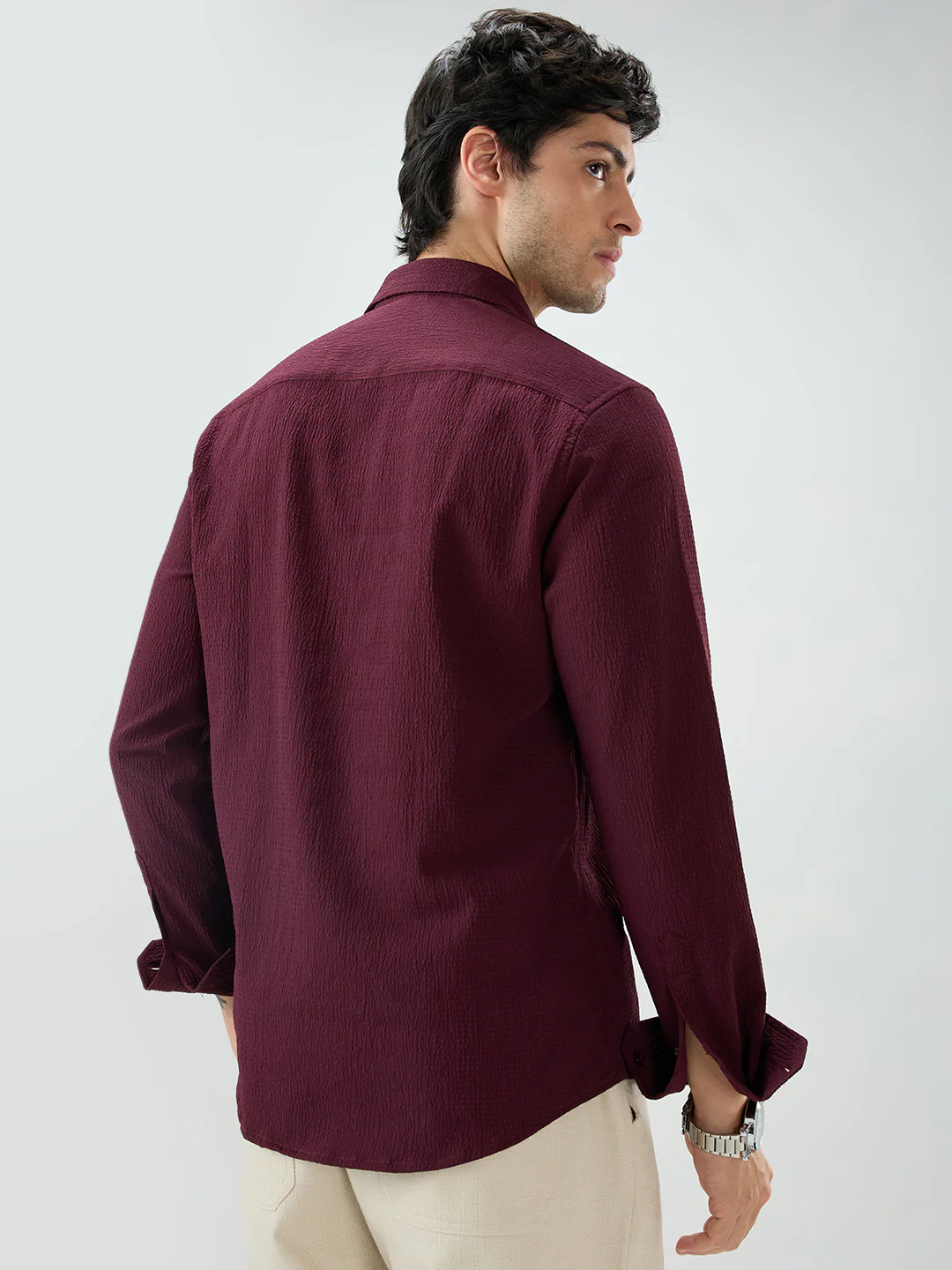 Deep Wine Minimal Weave Crinkled Shirt - Image 7