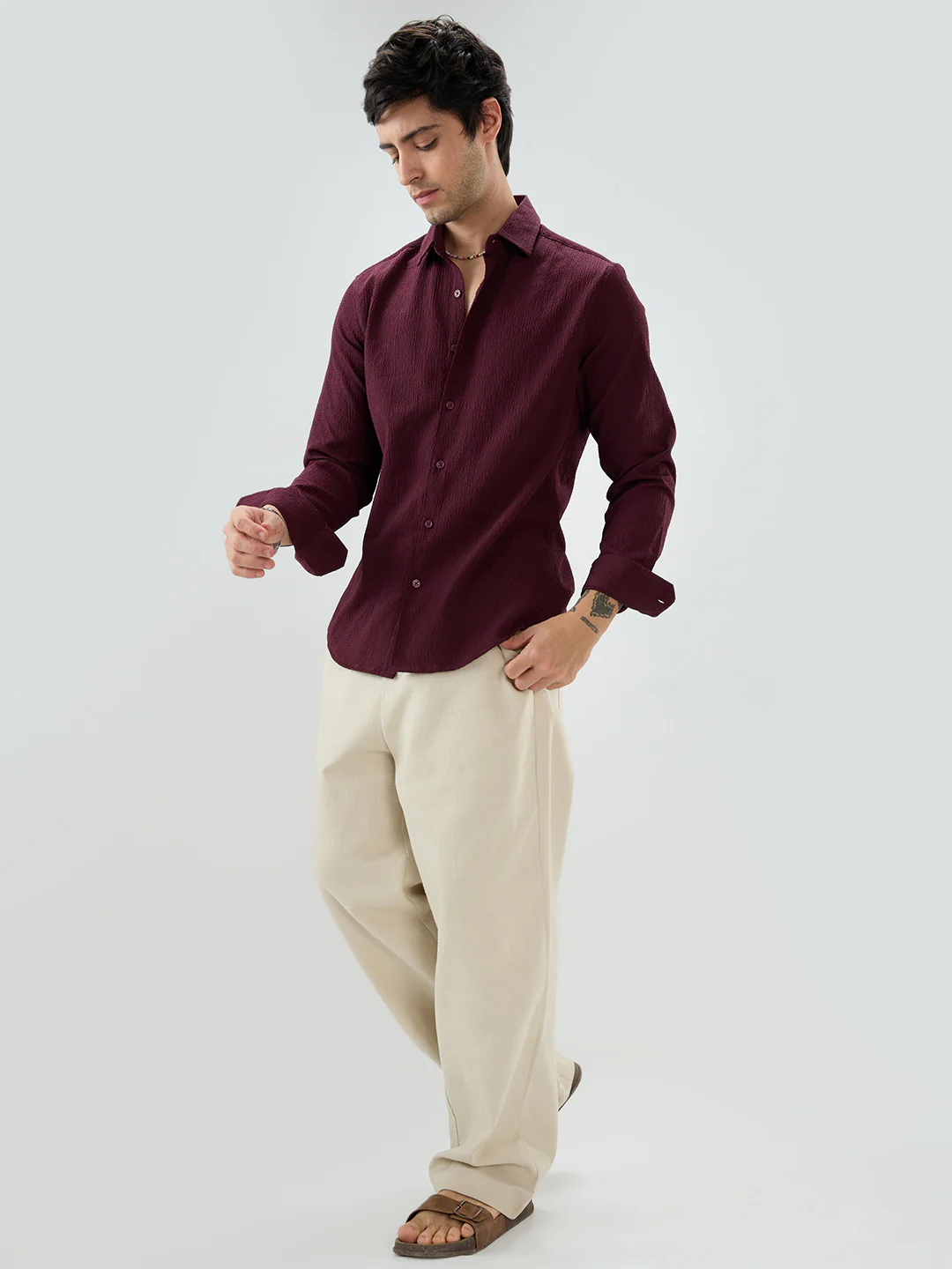 Deep Wine Minimal Weave Crinkled Shirt - Image 8