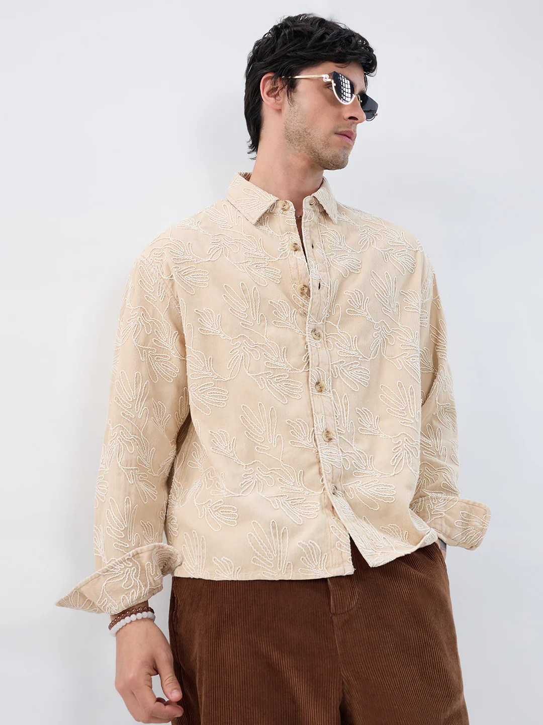 Denim Bisque Beige Artistic Embroidered Boxy Fit Crop Shirt - Image 2