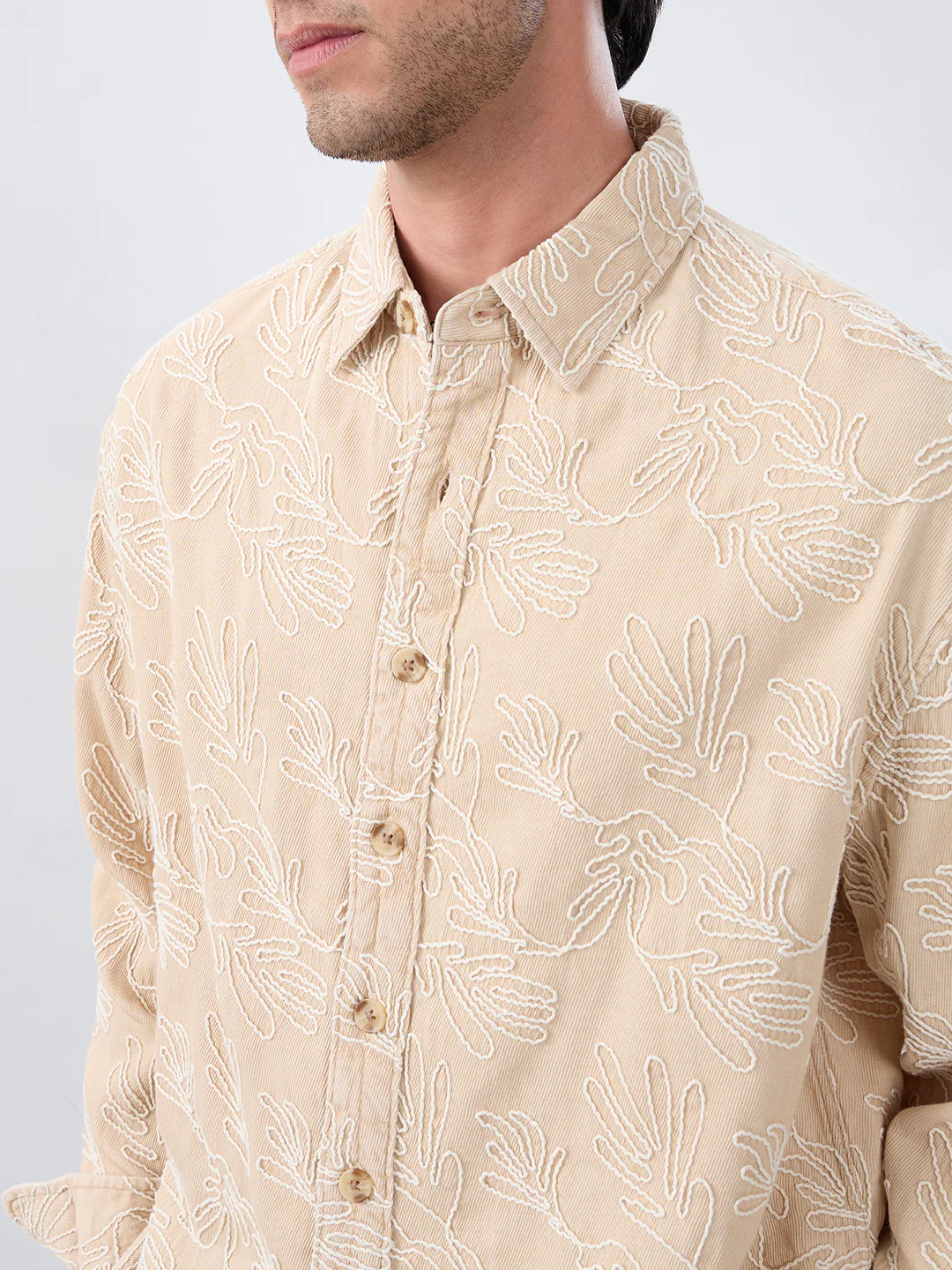 Denim Bisque Beige Artistic Embroidered Boxy Fit Crop Shirt - Image 3