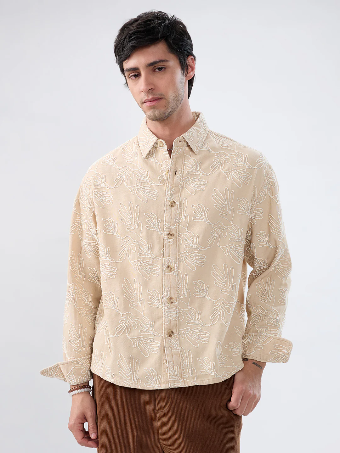 Denim Bisque Beige Artistic Embroidered Boxy Fit Crop Shirt - Image 4