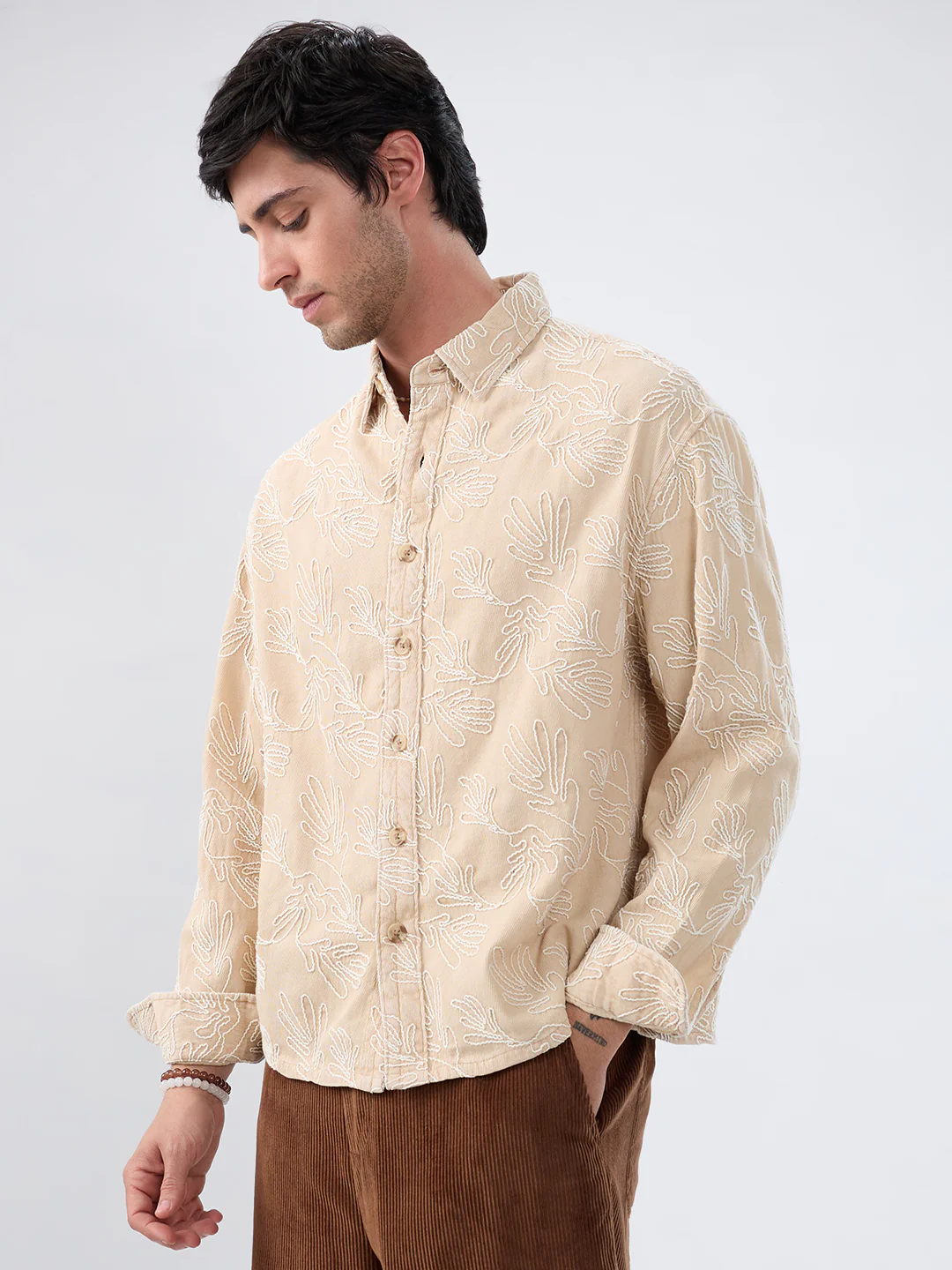 Denim Bisque Beige Artistic Embroidered Boxy Fit Crop Shirt - Image 5