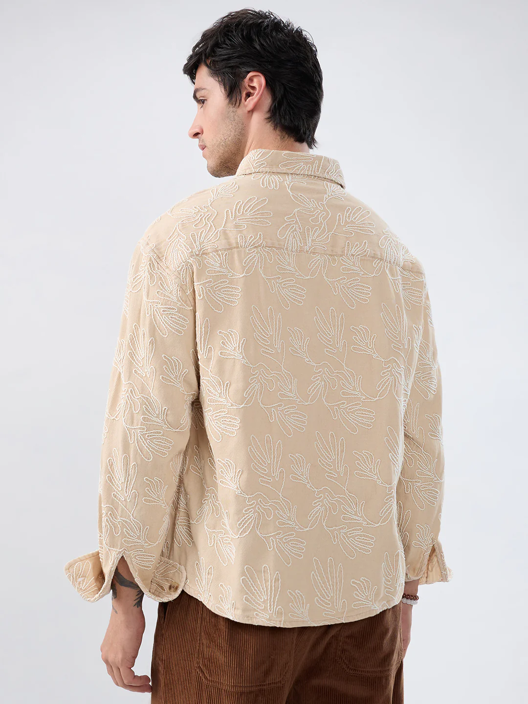 Denim Bisque Beige Artistic Embroidered Boxy Fit Crop Shirt - Image 6