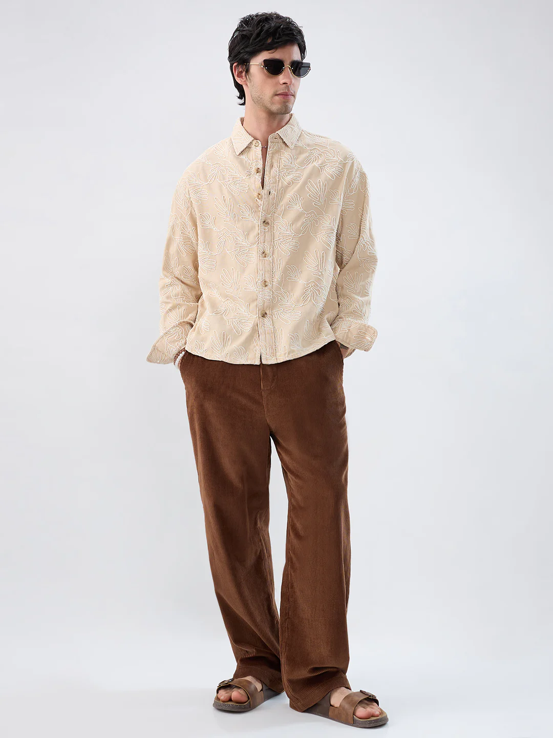 Denim Bisque Beige Artistic Embroidered Boxy Fit Crop Shirt - Image 7