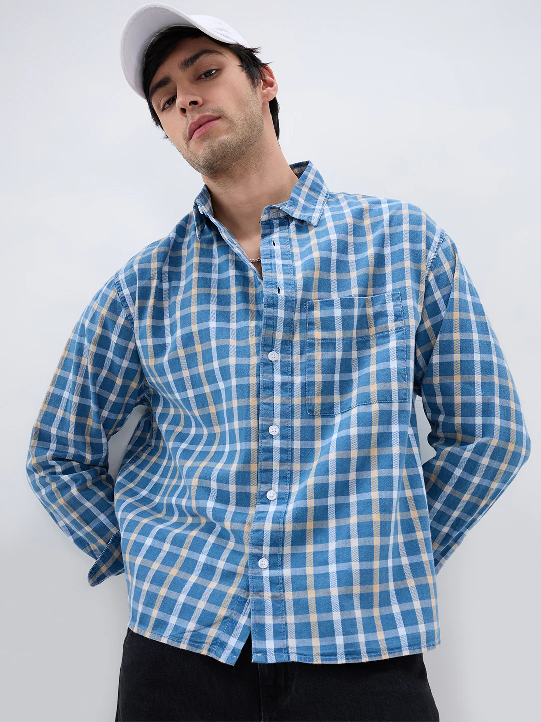 Denim Blue & Beige Comfort Checks Boxy Fit Crop Shirt