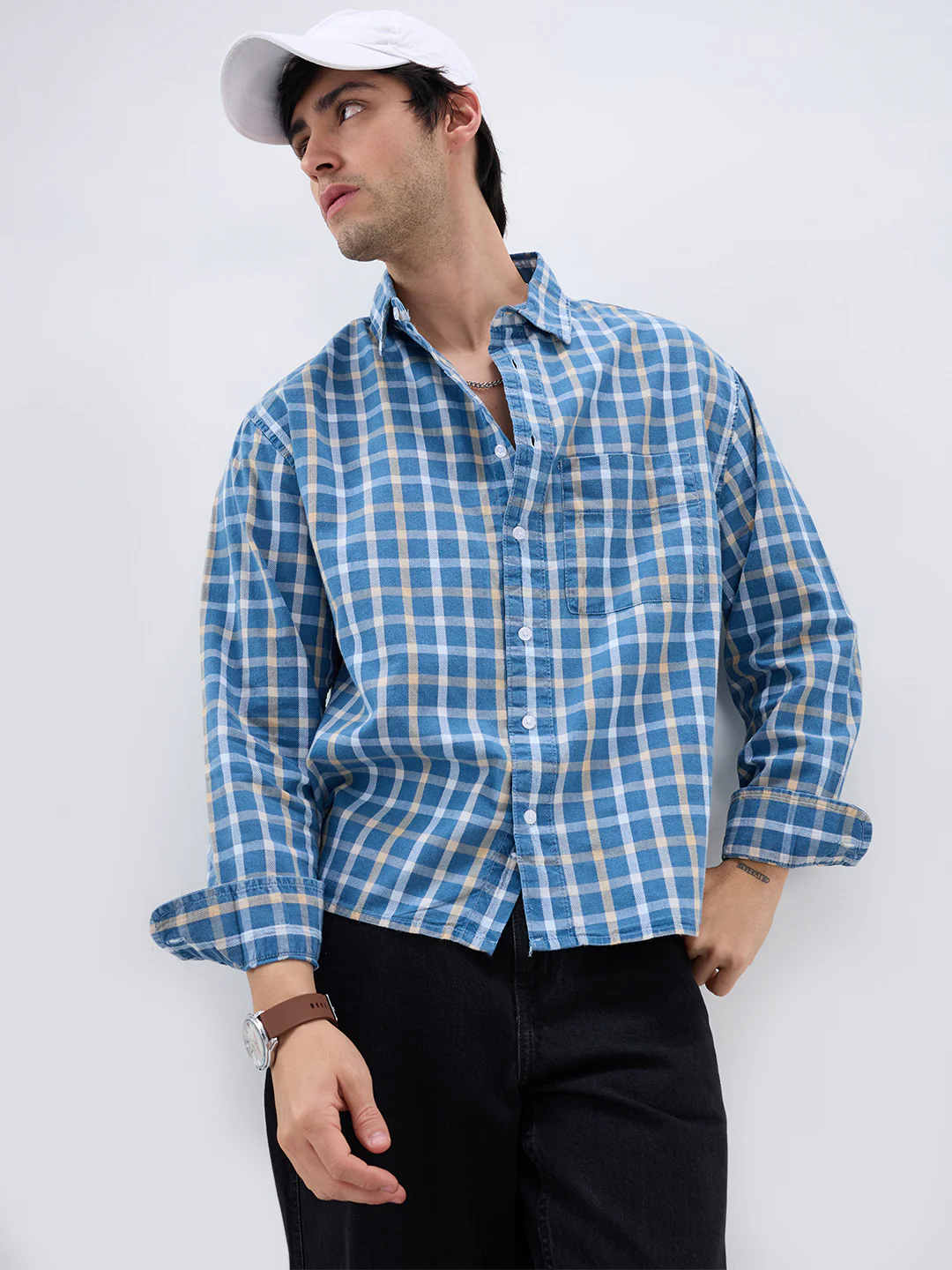 Denim Blue & Beige Comfort Checks Boxy Fit Crop Shirt - Image 2