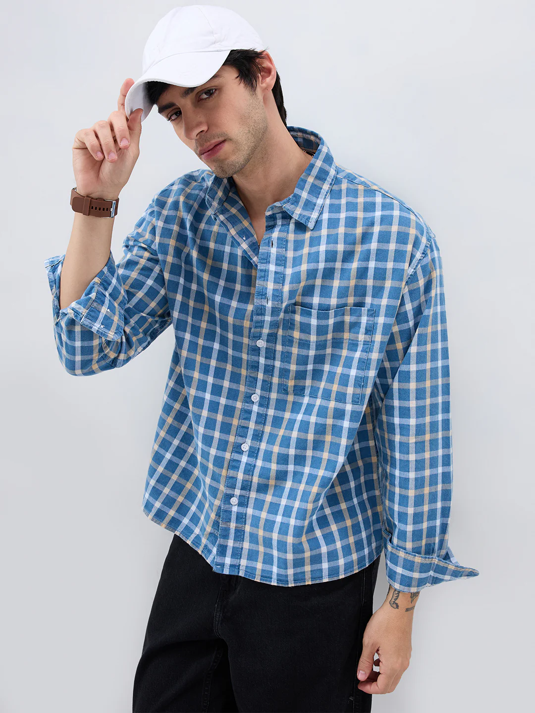 Denim Blue & Beige Comfort Checks Boxy Fit Crop Shirt - Image 4