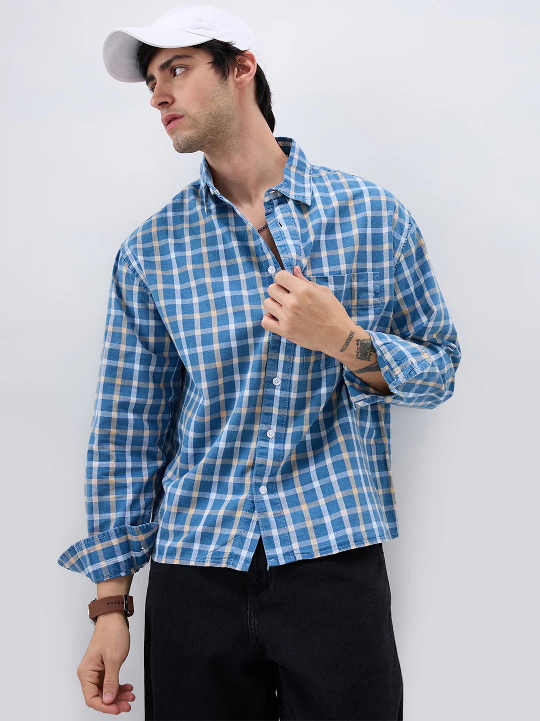 Denim Blue & Beige Comfort Checks Boxy Fit Crop Shirt - Image 5