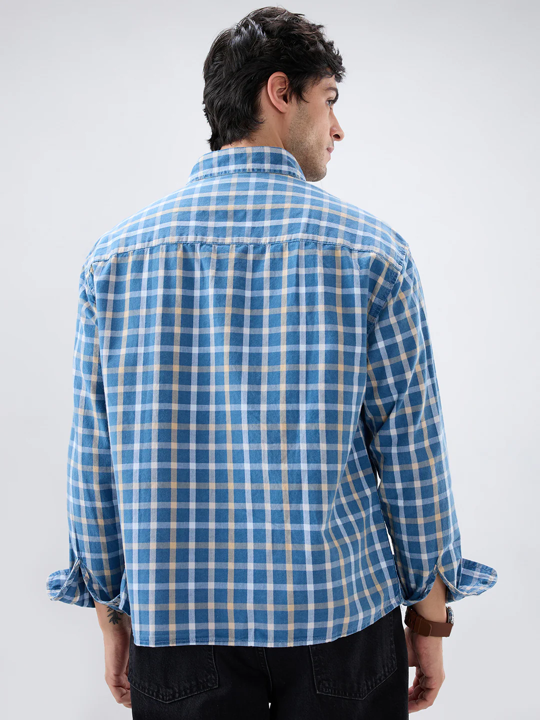 Denim Blue & Beige Comfort Checks Boxy Fit Crop Shirt - Image 6