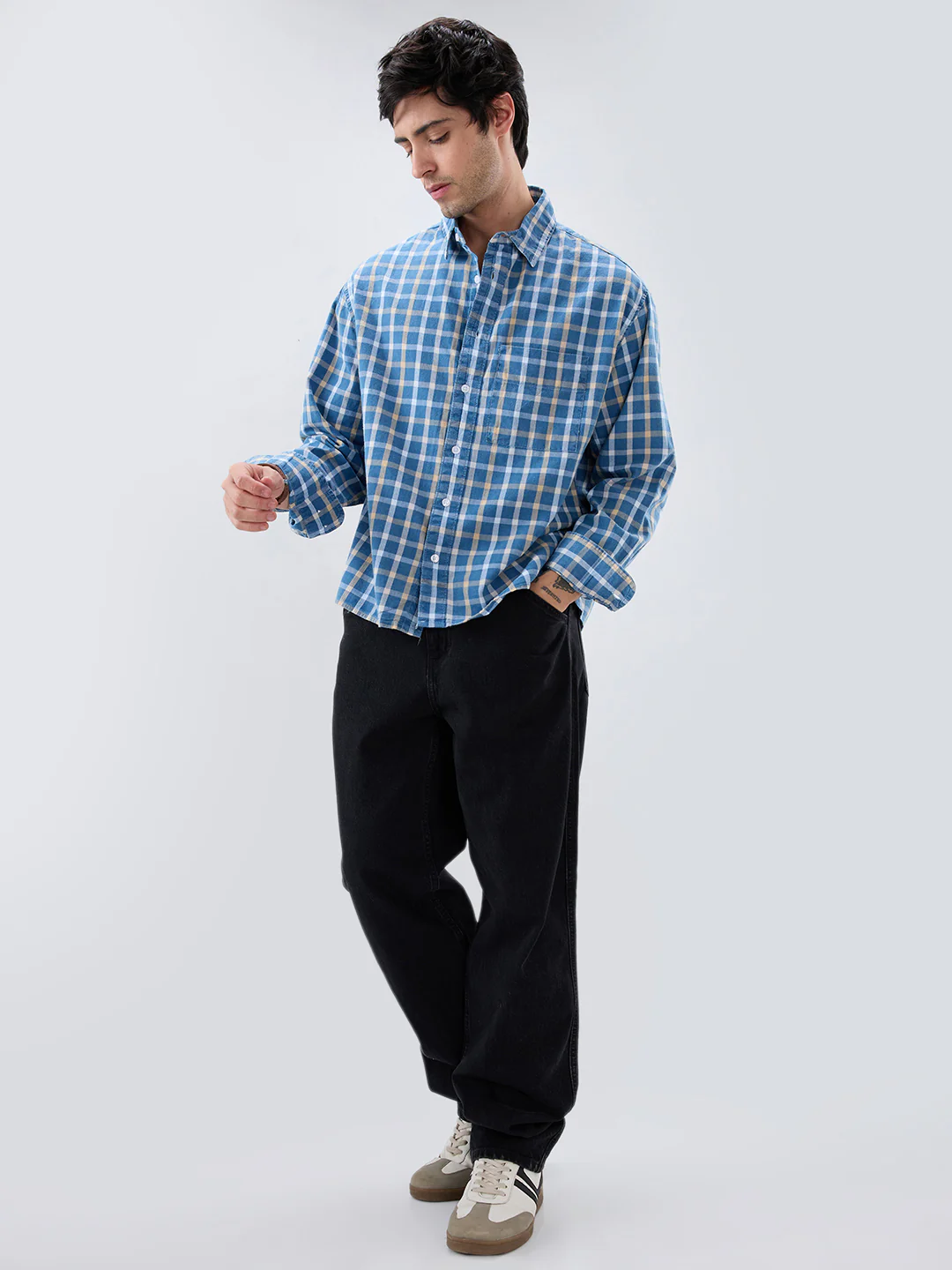 Denim Blue & Beige Comfort Checks Boxy Fit Crop Shirt - Image 7