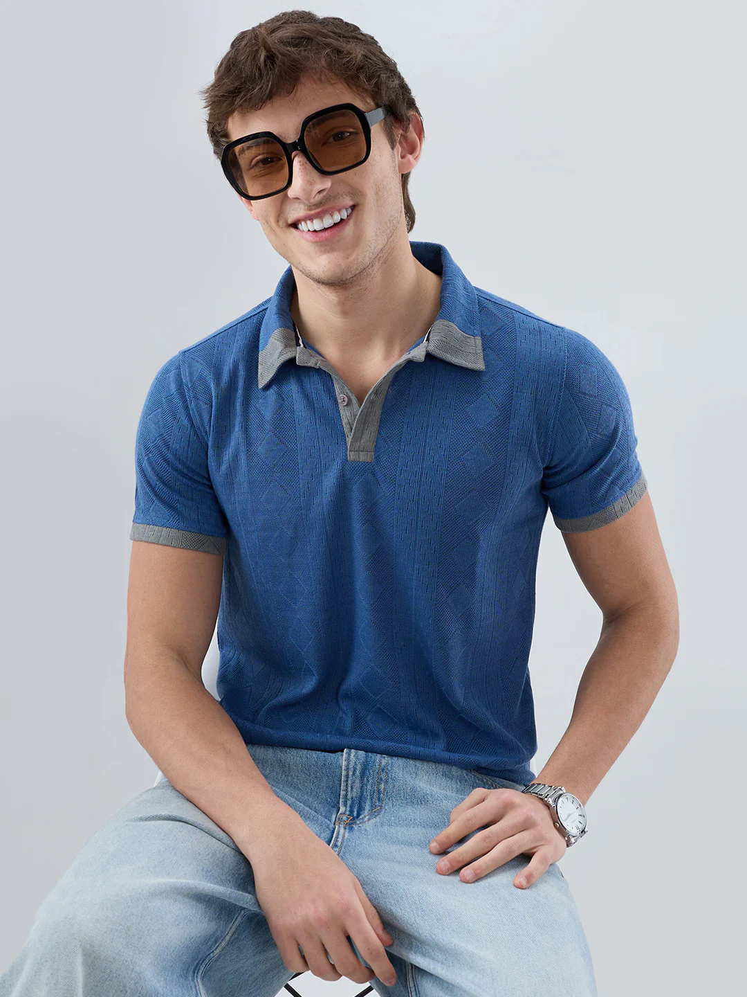 Denim Blue Constrast Polo Neck Knit T-shirt - Image 2