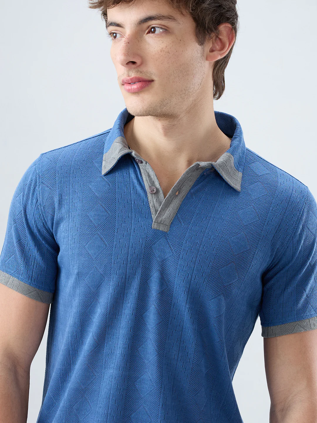 Denim Blue Constrast Polo Neck Knit T-shirt - Image 3