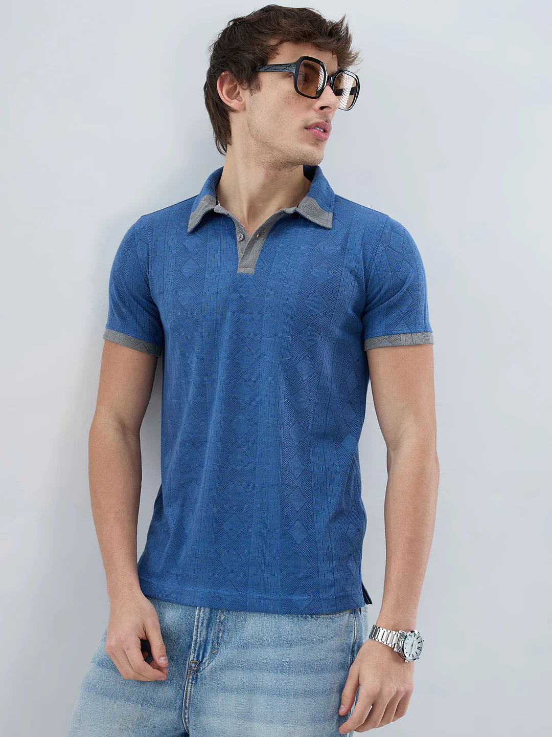 Denim Blue Constrast Polo Neck Knit T-shirt - Image 4
