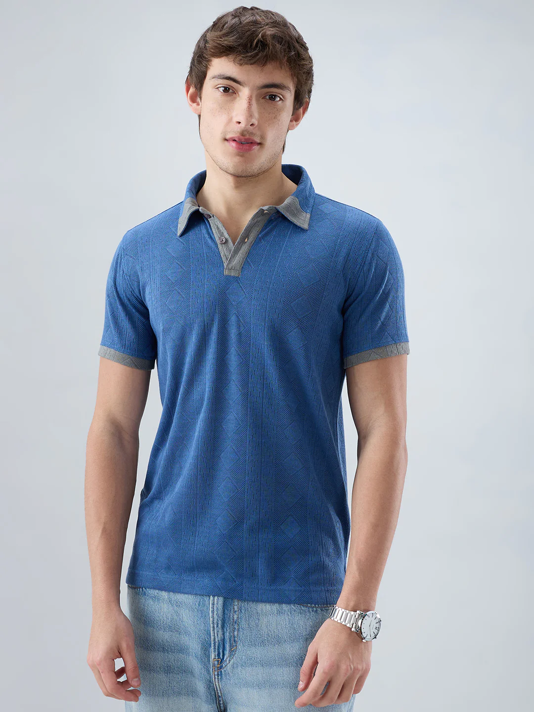 Denim Blue Constrast Polo Neck Knit T-shirt - Image 5
