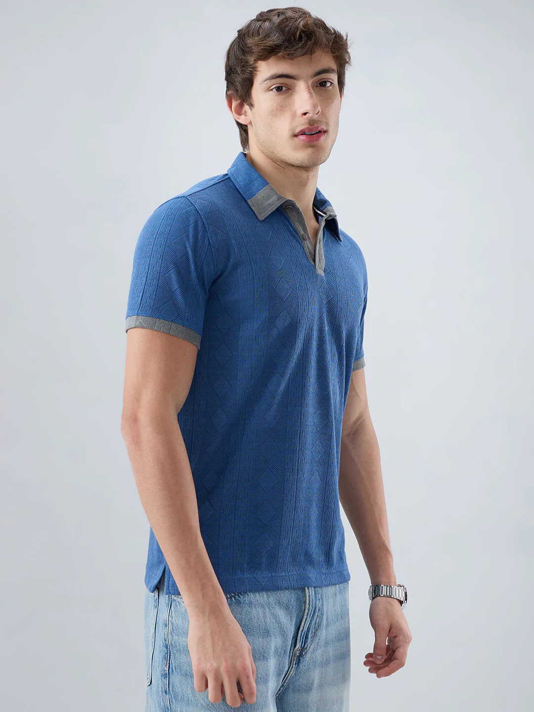 Denim Blue Constrast Polo Neck Knit T-shirt - Image 6
