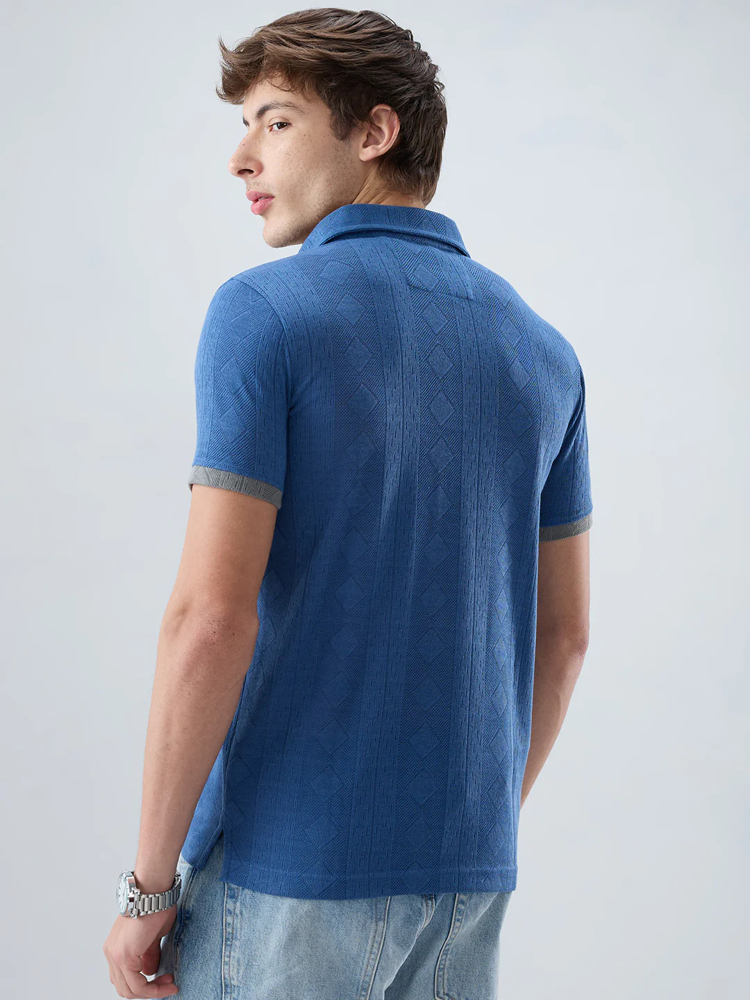 Denim Blue Constrast Polo Neck Knit T-shirt - Image 7