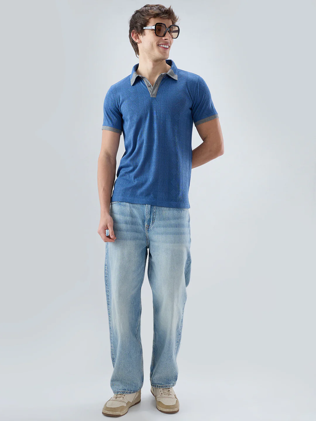 Denim Blue Constrast Polo Neck Knit T-shirt - Image 8