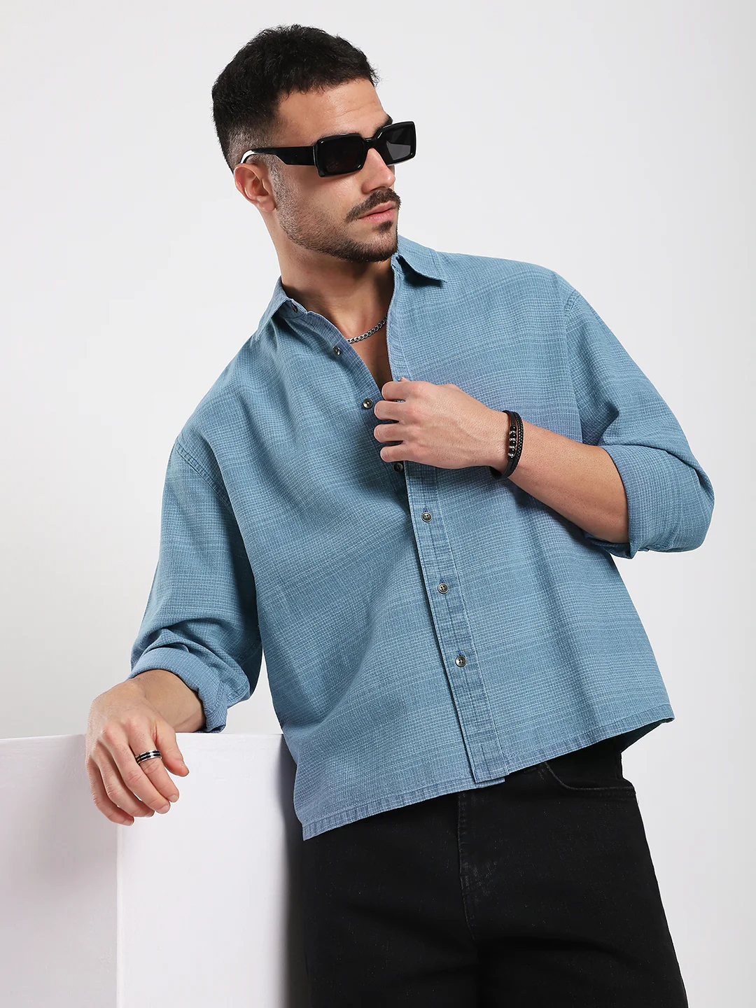 Denim Blue Crosshatch Textured Boxy Fit Crop Shirt