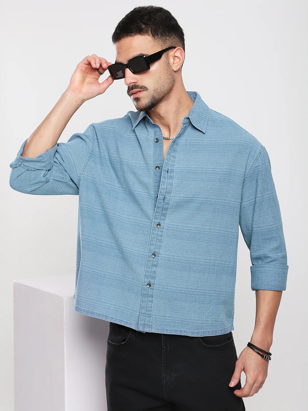 Denim Blue Crosshatch Textured Boxy Fit Crop Shirt - Image 2