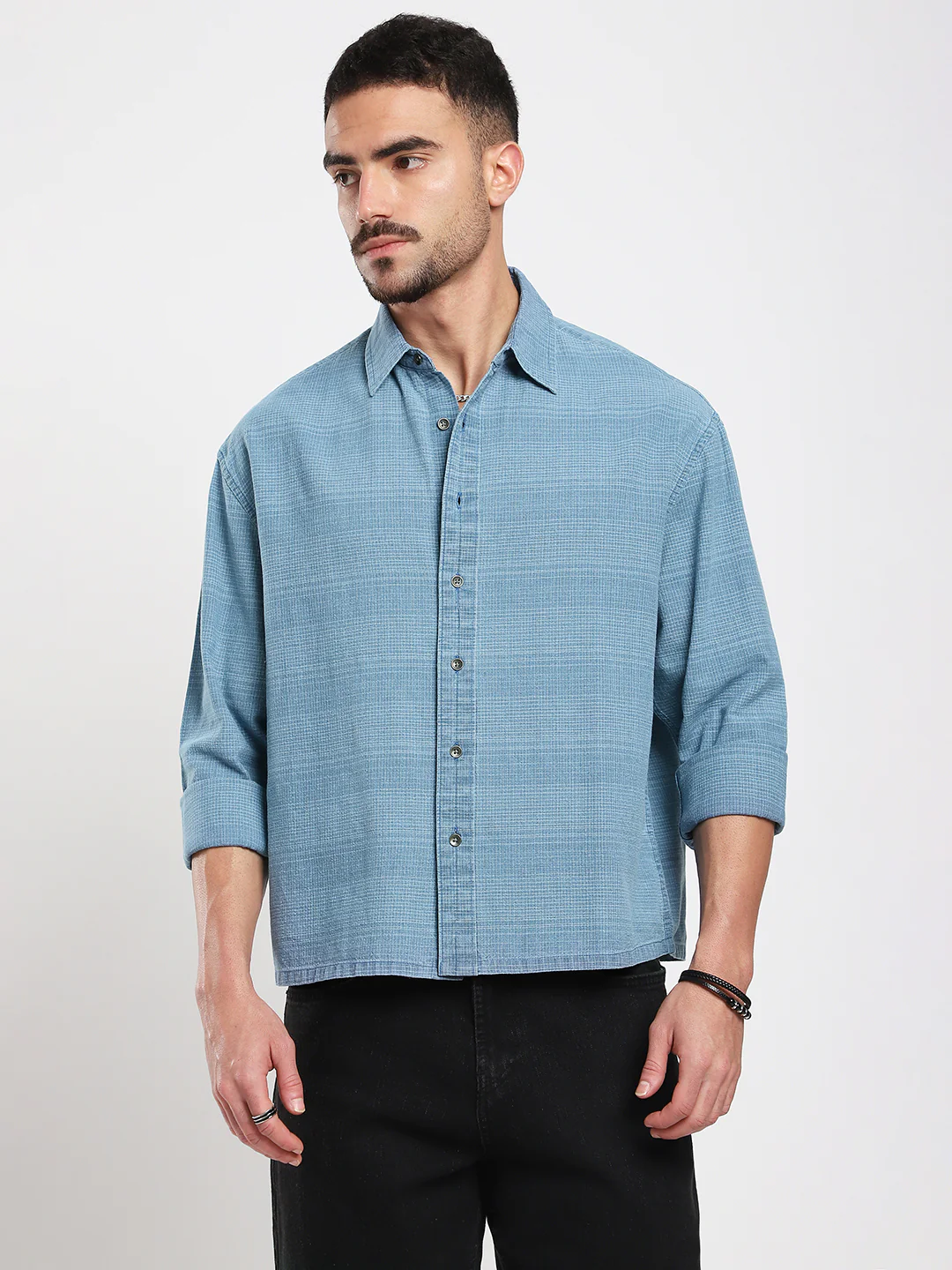 Denim Blue Crosshatch Textured Boxy Fit Crop Shirt - Image 5
