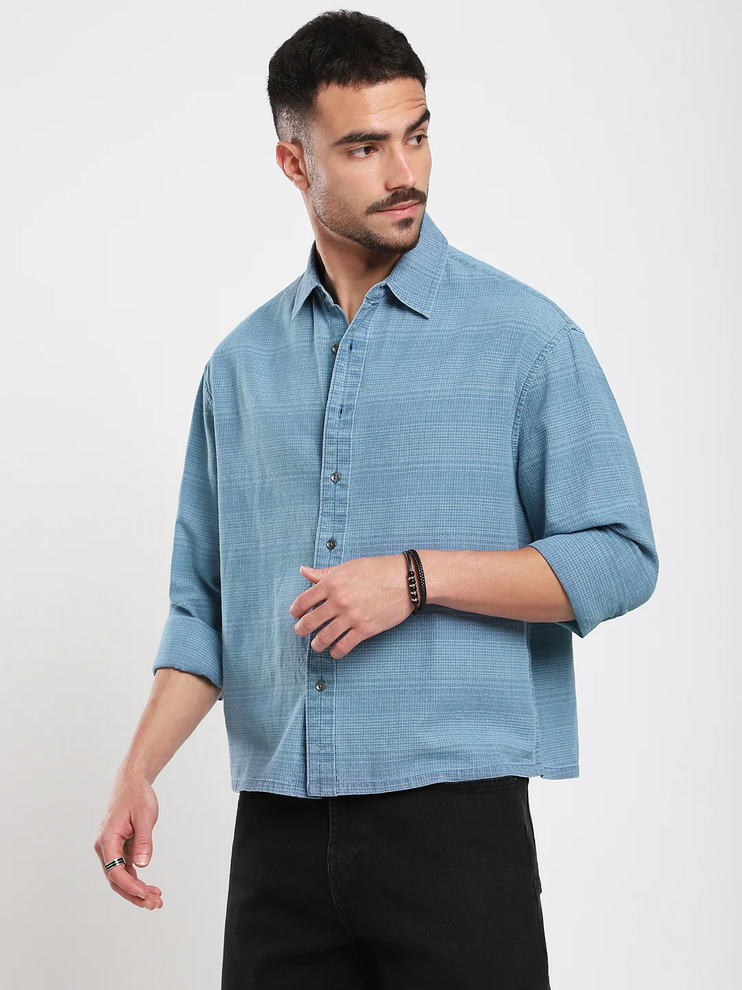 Denim Blue Crosshatch Textured Boxy Fit Crop Shirt - Image 6