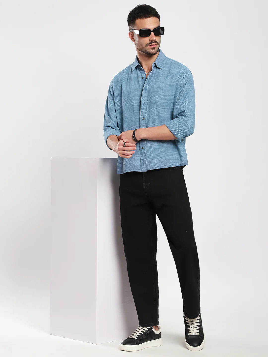 Denim Blue Crosshatch Textured Boxy Fit Crop Shirt - Image 8