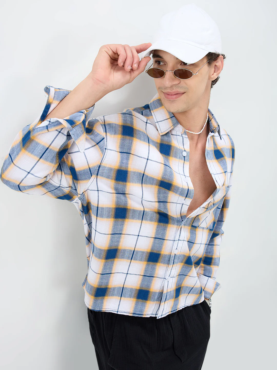Denim Blue Herringbone Windowpane Checks Boxy Fit Shirt - Image 2