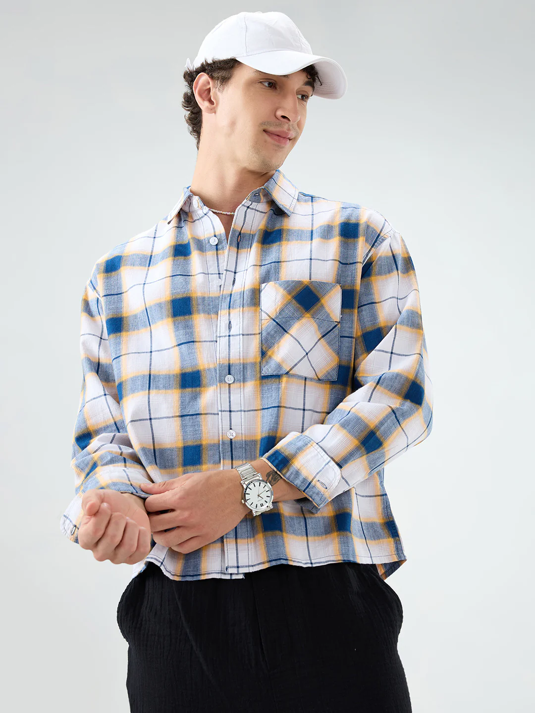 Denim Blue Herringbone Windowpane Checks Boxy Fit Shirt - Image 4