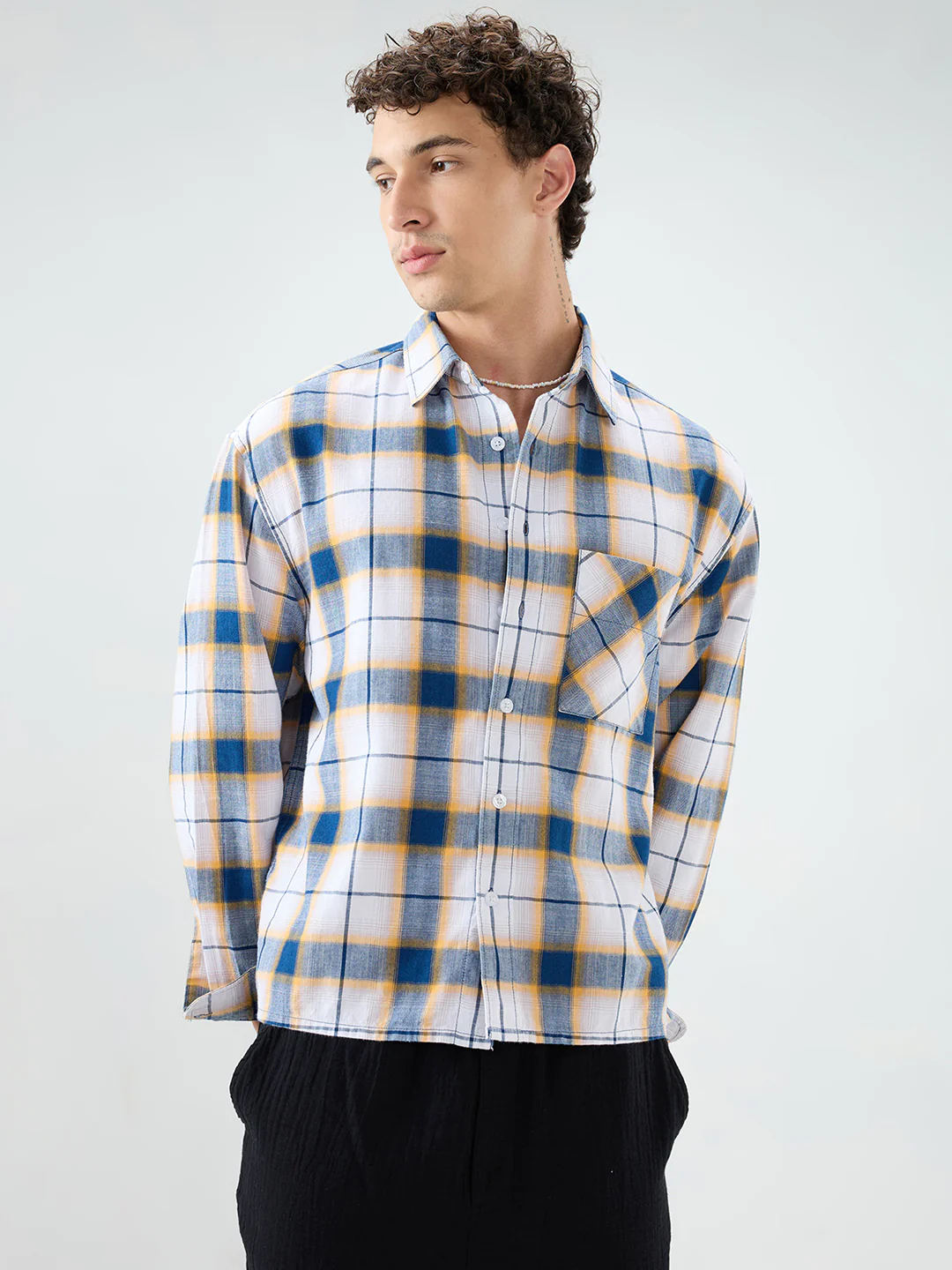 Denim Blue Herringbone Windowpane Checks Boxy Fit Shirt - Image 5
