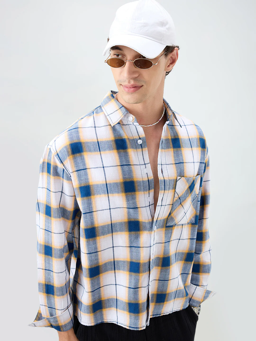 Denim Blue Herringbone Windowpane Checks Boxy Fit Shirt - Image 6