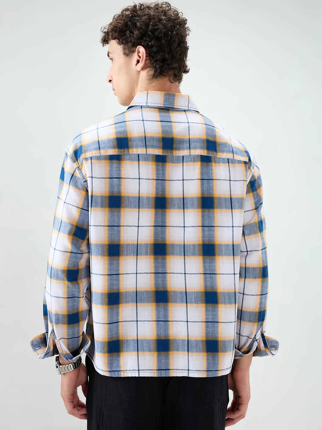 Denim Blue Herringbone Windowpane Checks Boxy Fit Shirt - Image 7