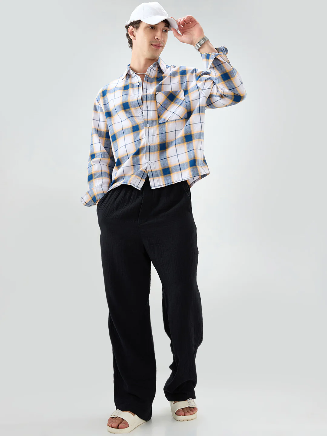 Denim Blue Herringbone Windowpane Checks Boxy Fit Shirt - Image 8