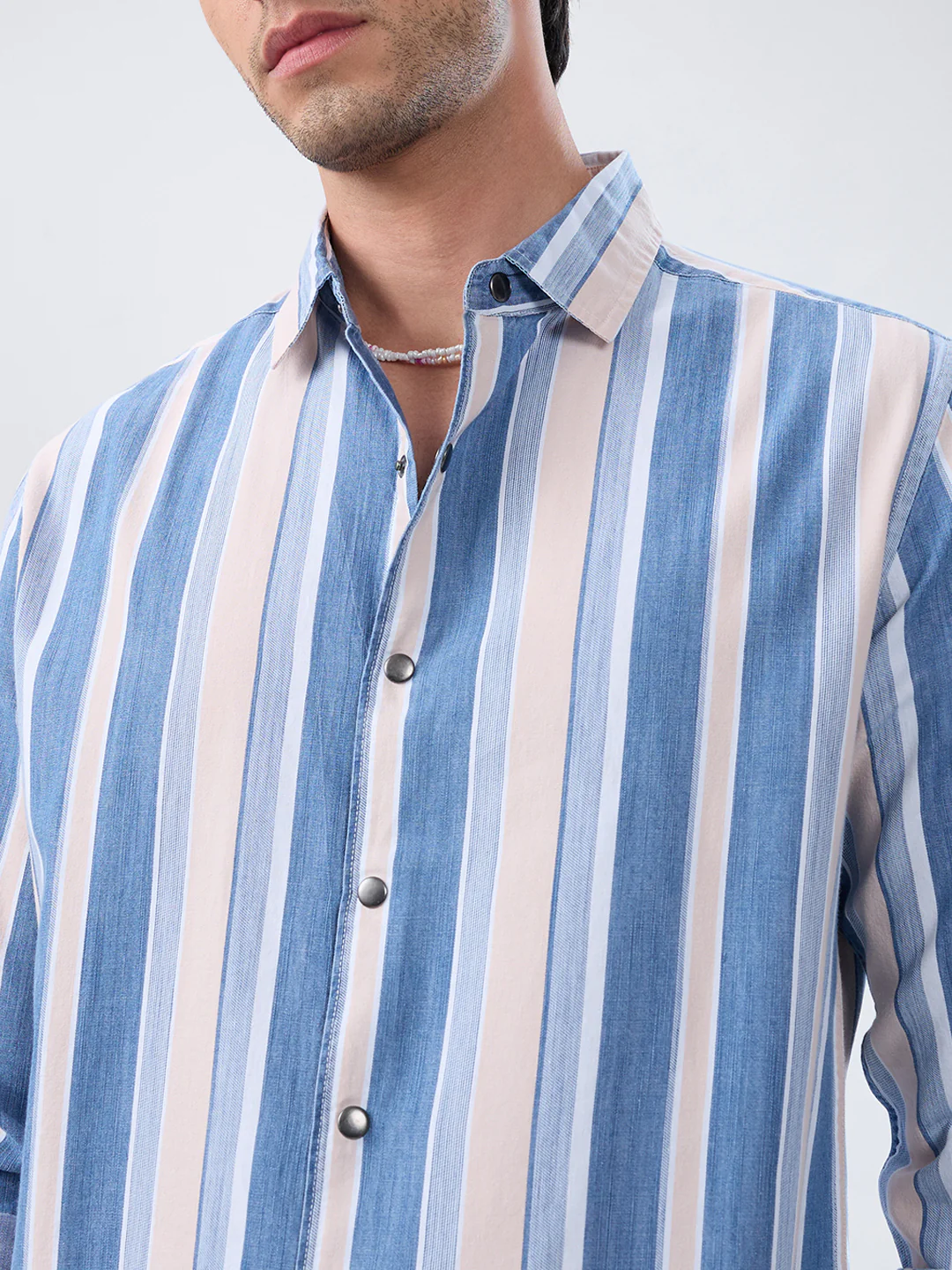 Denim Blue & Peach Broad Striped Shirt - Image 3