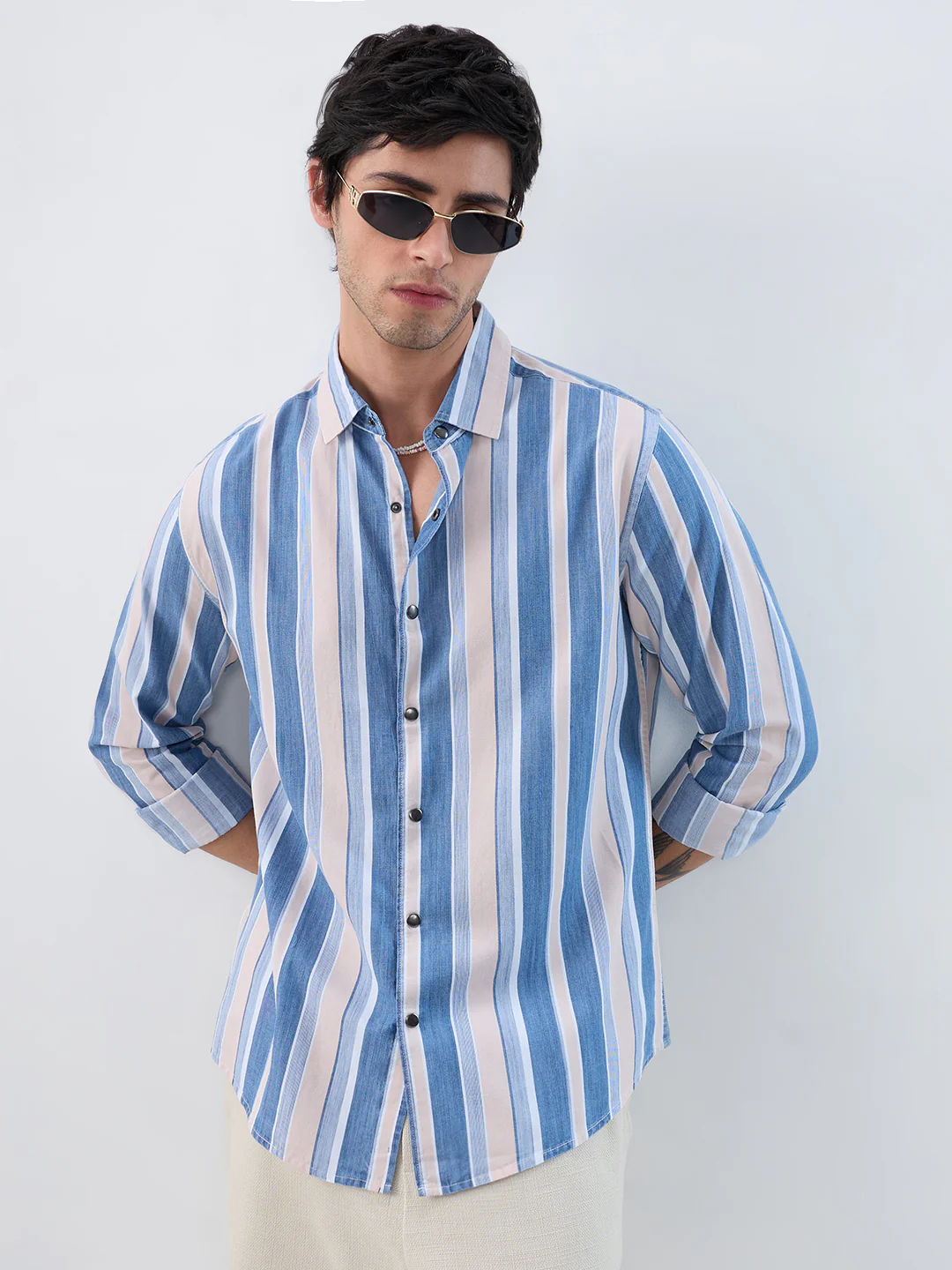 Denim Blue & Peach Broad Striped Shirt - Image 4