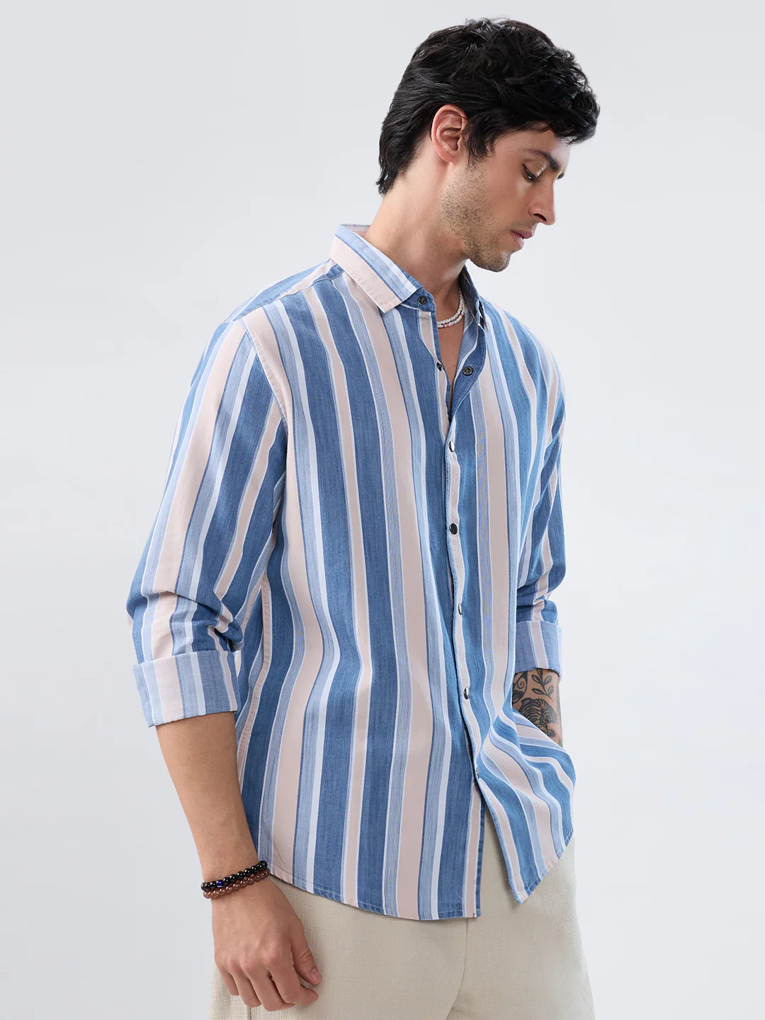 Denim Blue & Peach Broad Striped Shirt - Image 5
