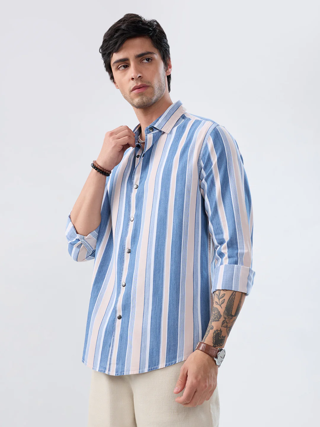 Denim Blue & Peach Broad Striped Shirt - Image 6