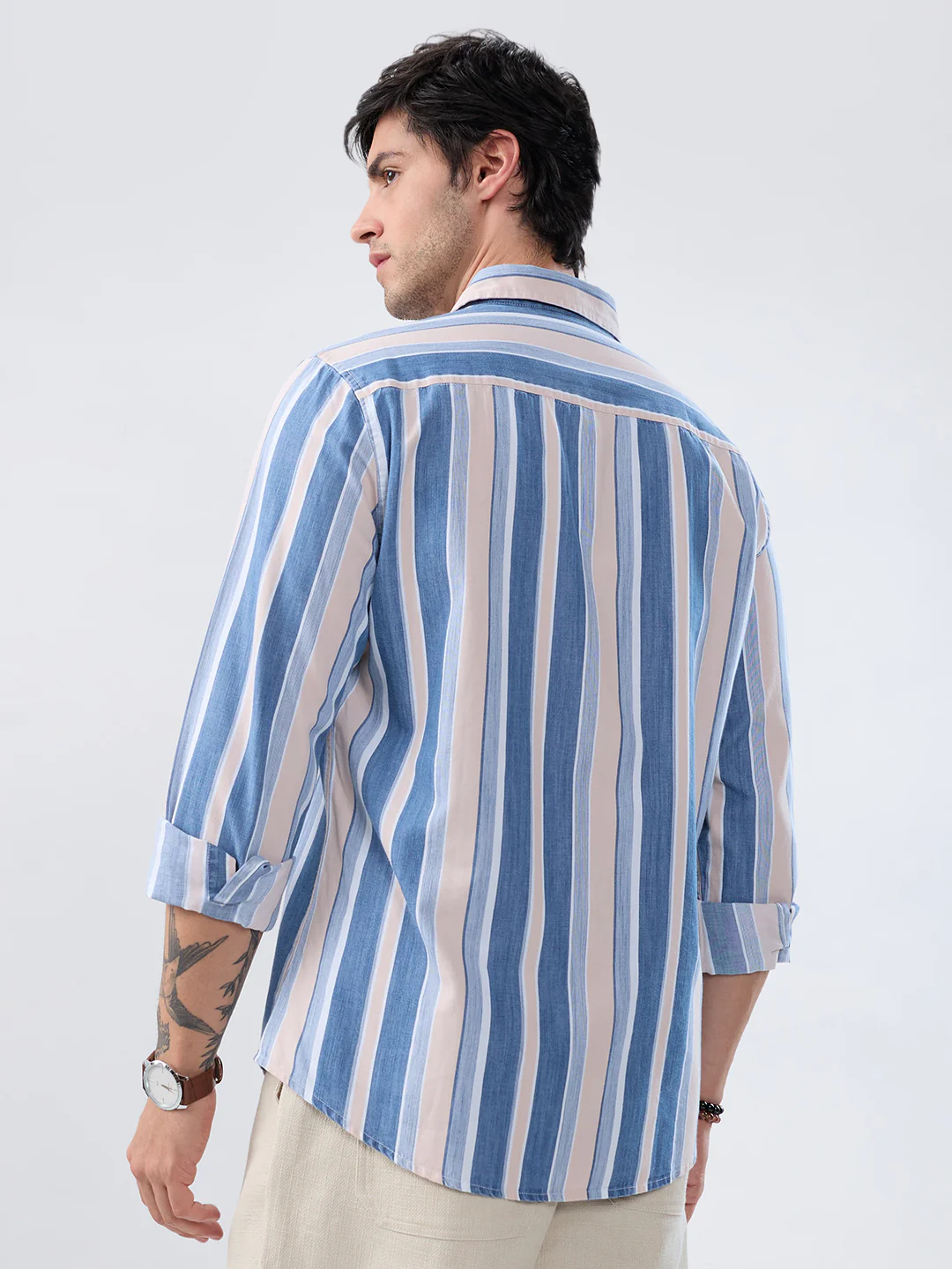 Denim Blue & Peach Broad Striped Shirt - Image 7