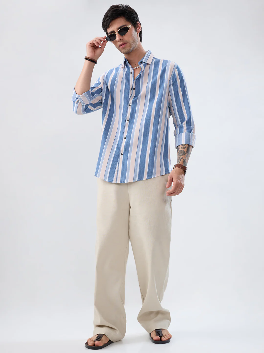 Denim Blue & Peach Broad Striped Shirt - Image 8