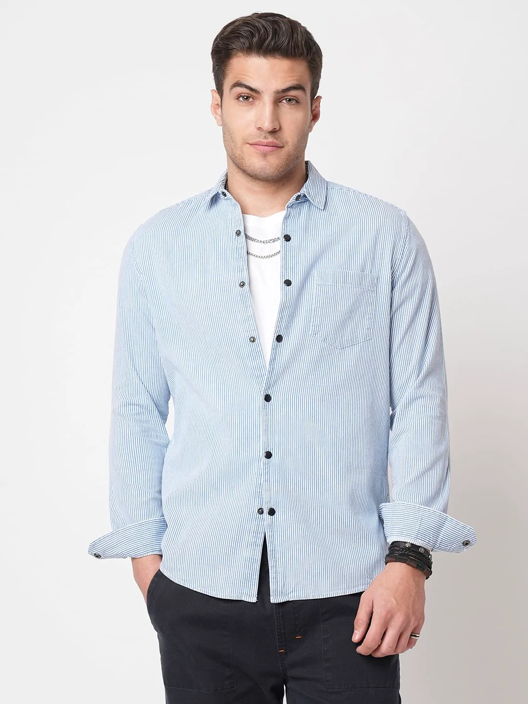 Denim Blue Pencil Stripe Shirt - Image 4