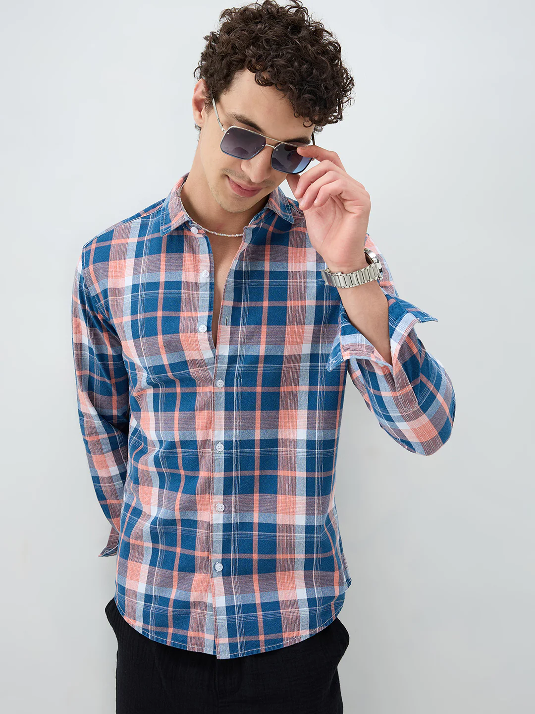 Denim Blue & Pink Multi Line Block Checks Shirt - Image 2