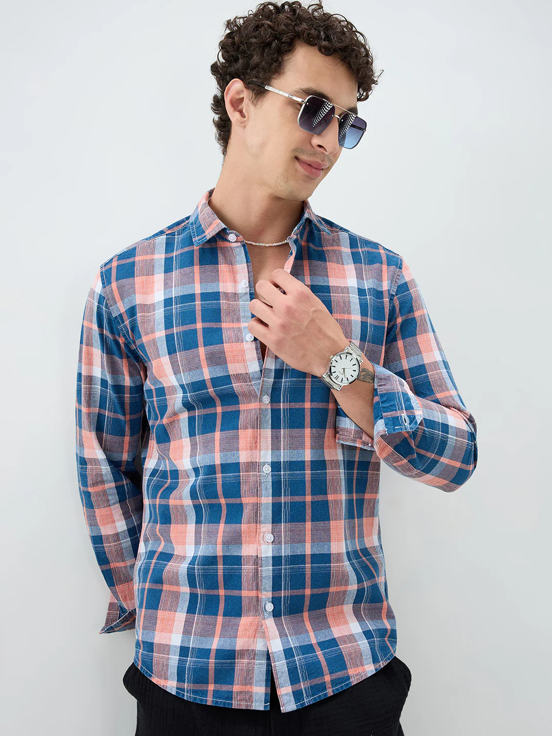 Denim Blue & Pink Multi Line Block Checks Shirt - Image 4