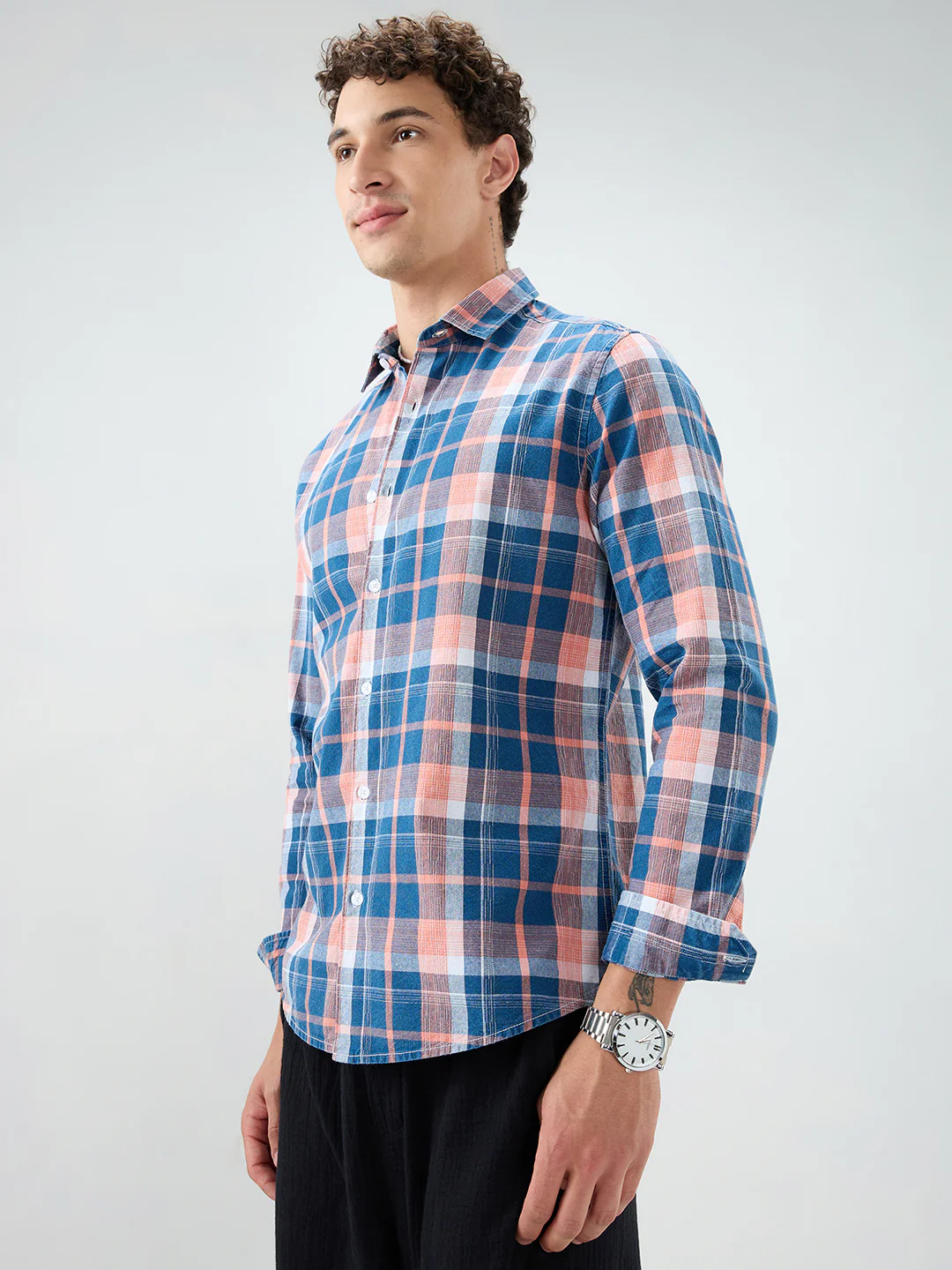 Denim Blue & Pink Multi Line Block Checks Shirt - Image 5