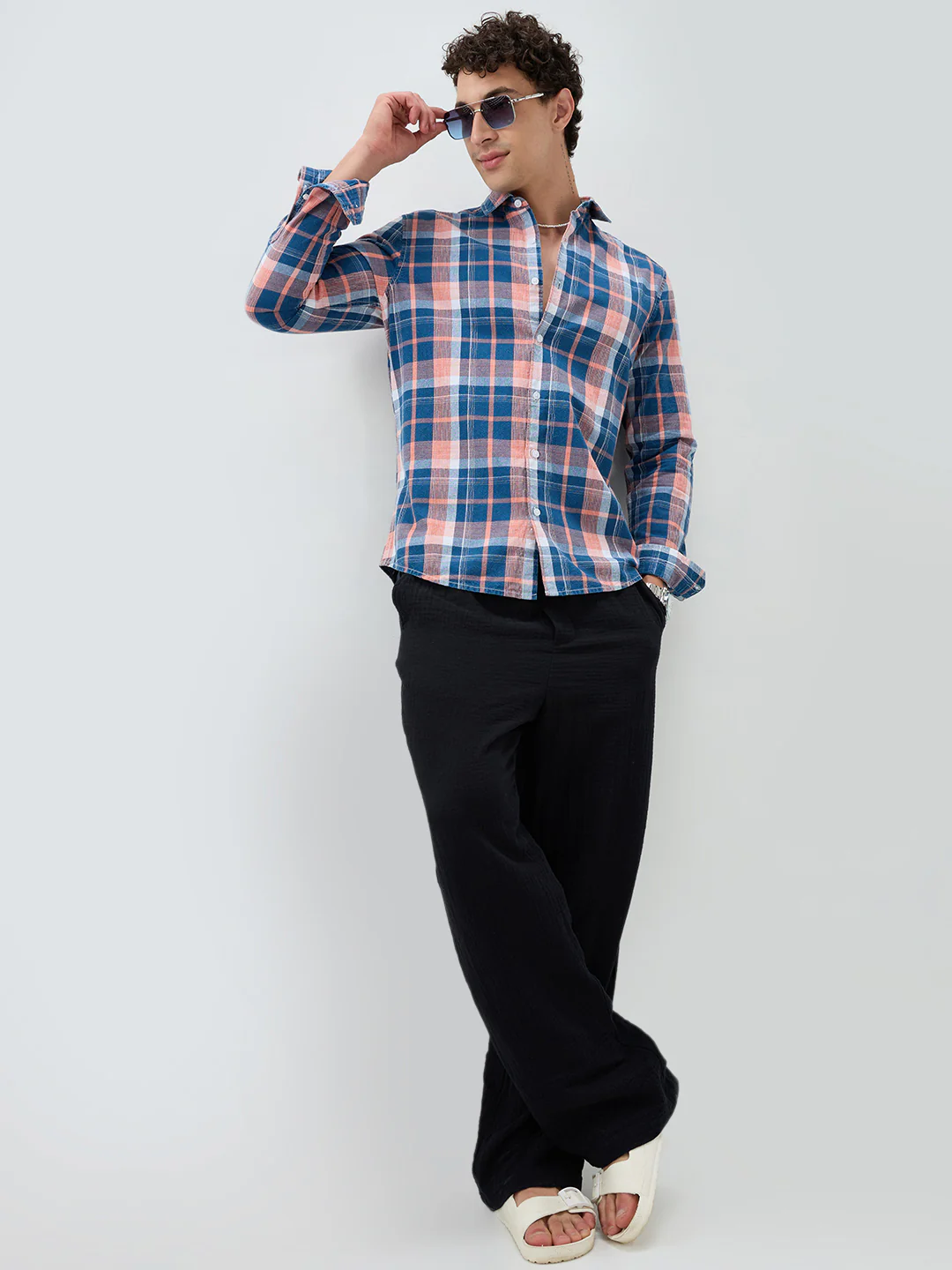 Denim Blue & Pink Multi Line Block Checks Shirt - Image 7