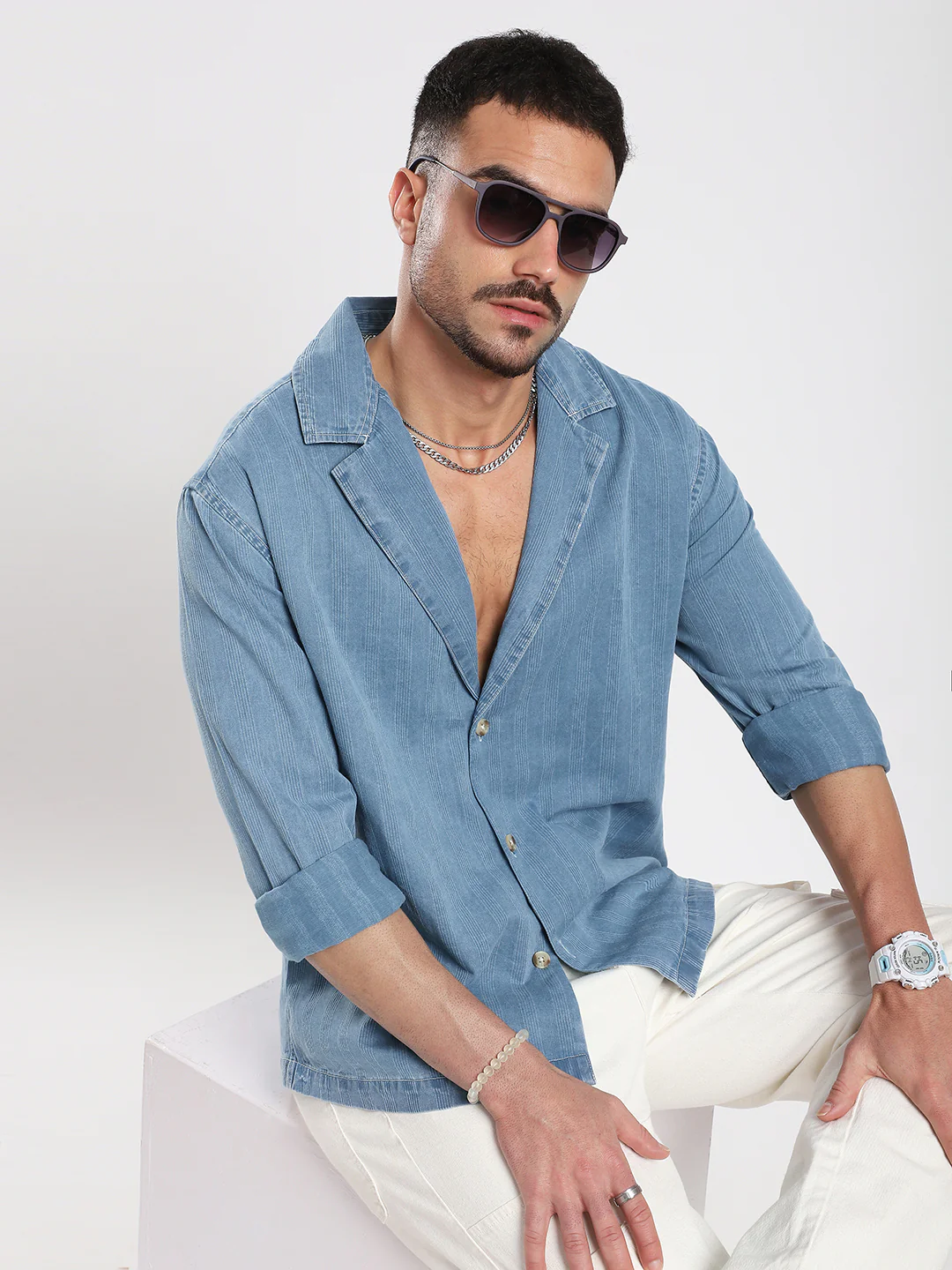 Denim Breeze Horizon Textured Notched Lapel Collar Oversized Shirt