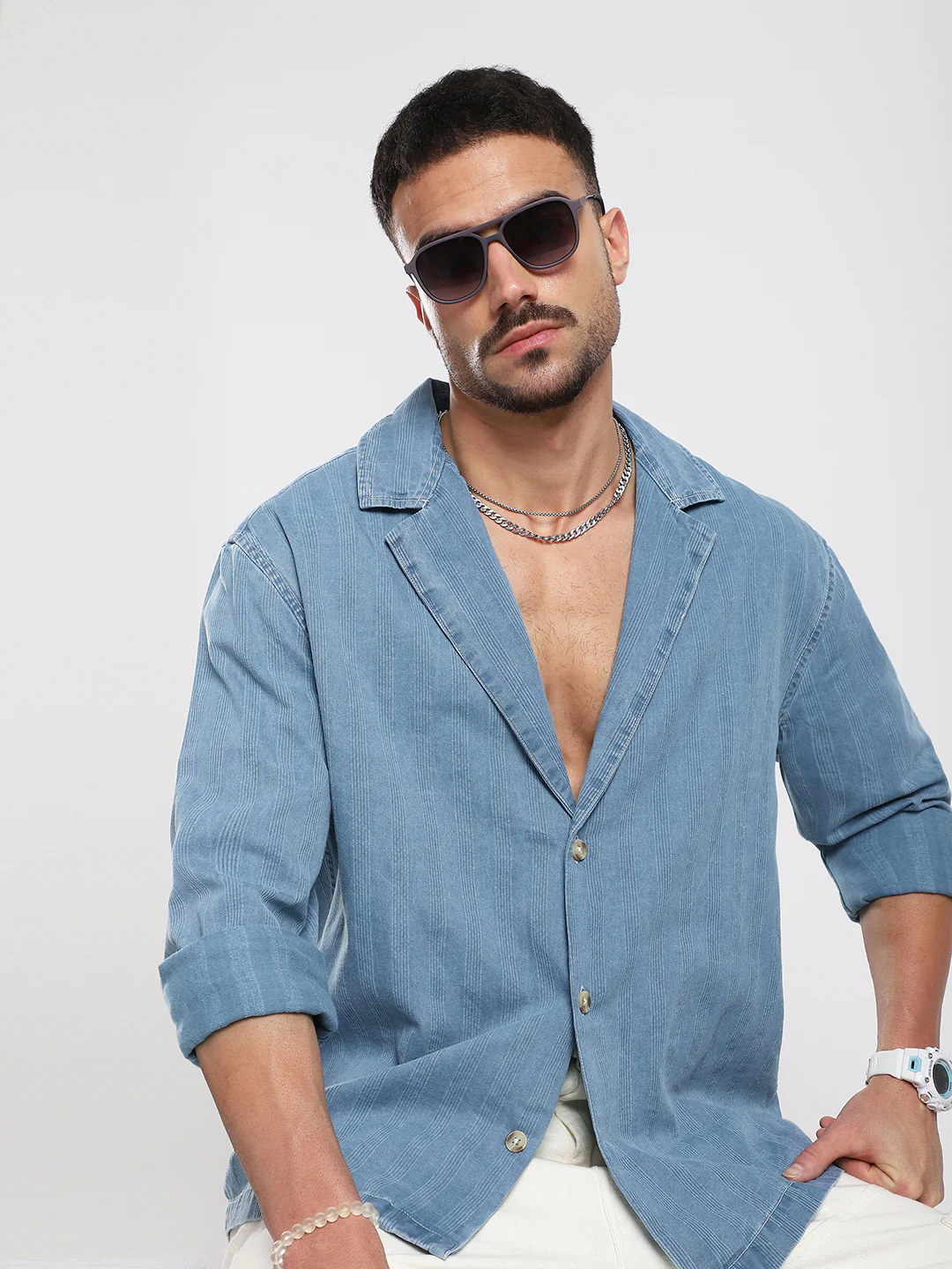 Denim Breeze Horizon Textured Notched Lapel Collar Oversized Shirt - Image 2
