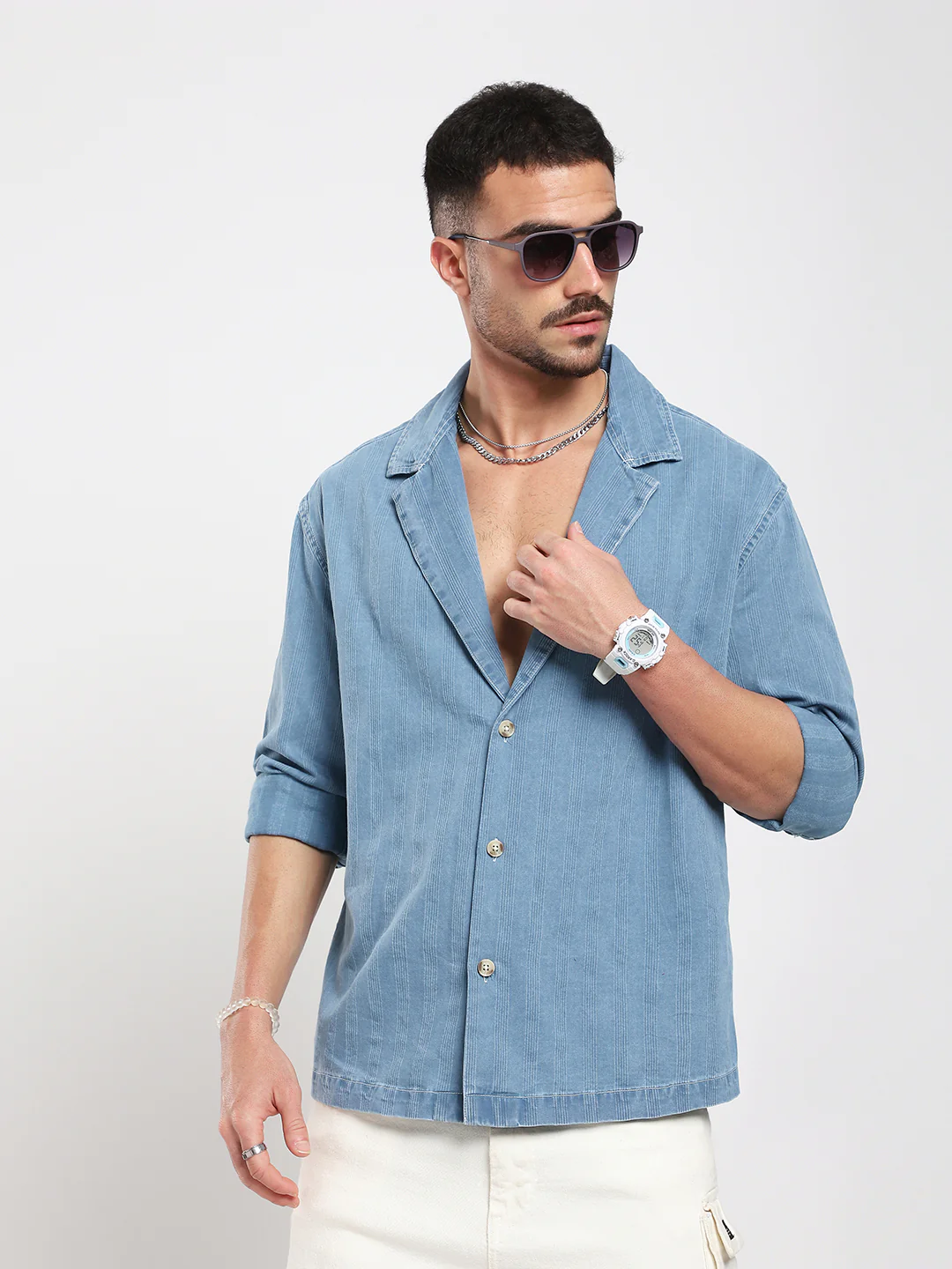 Denim Breeze Horizon Textured Notched Lapel Collar Oversized Shirt - Image 4