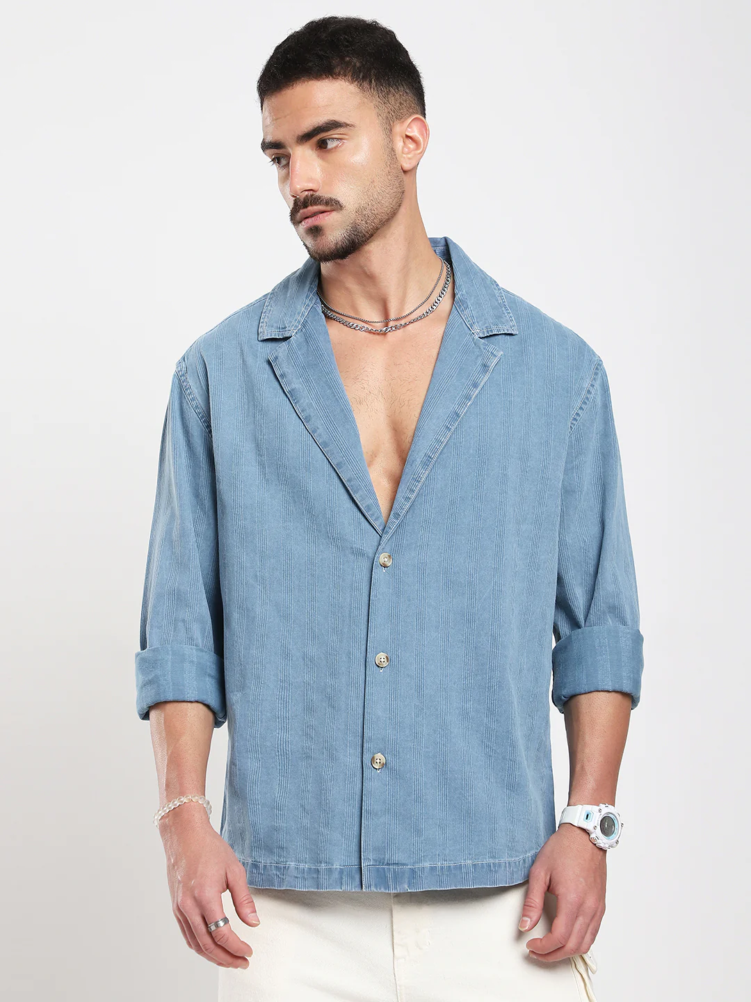 Denim Breeze Horizon Textured Notched Lapel Collar Oversized Shirt - Image 5