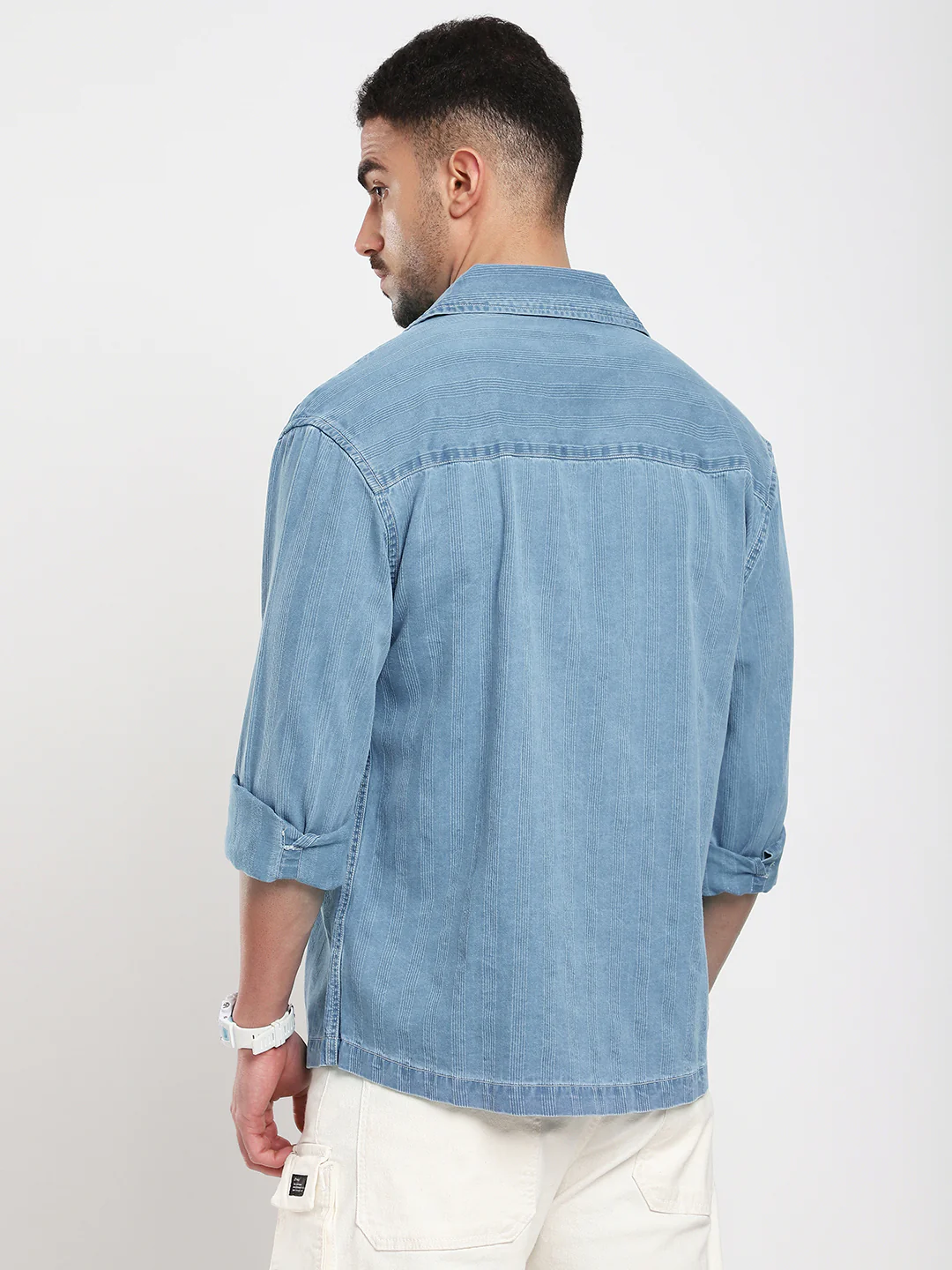 Denim Breeze Horizon Textured Notched Lapel Collar Oversized Shirt - Image 6