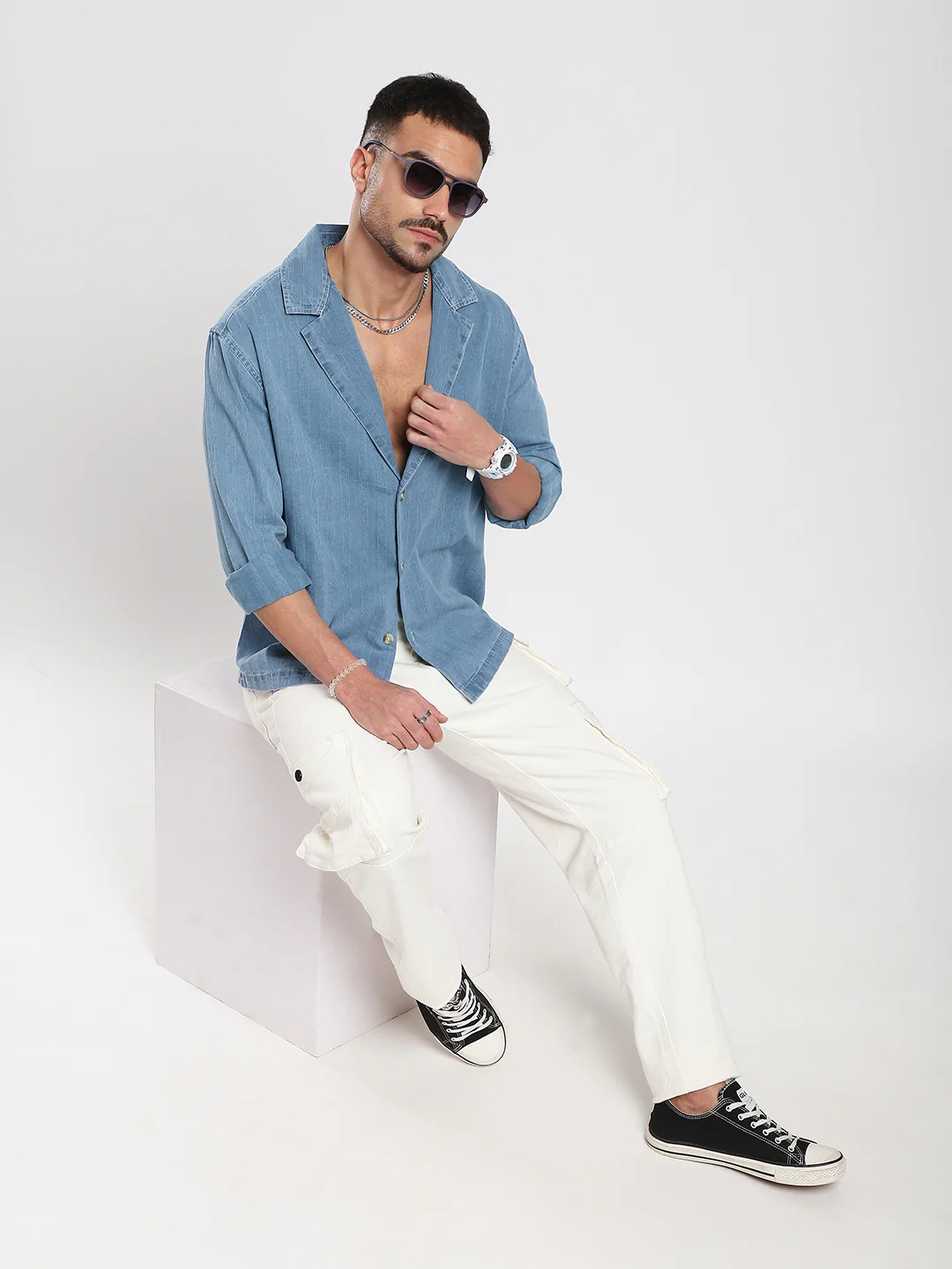 Denim Breeze Horizon Textured Notched Lapel Collar Oversized Shirt - Image 7