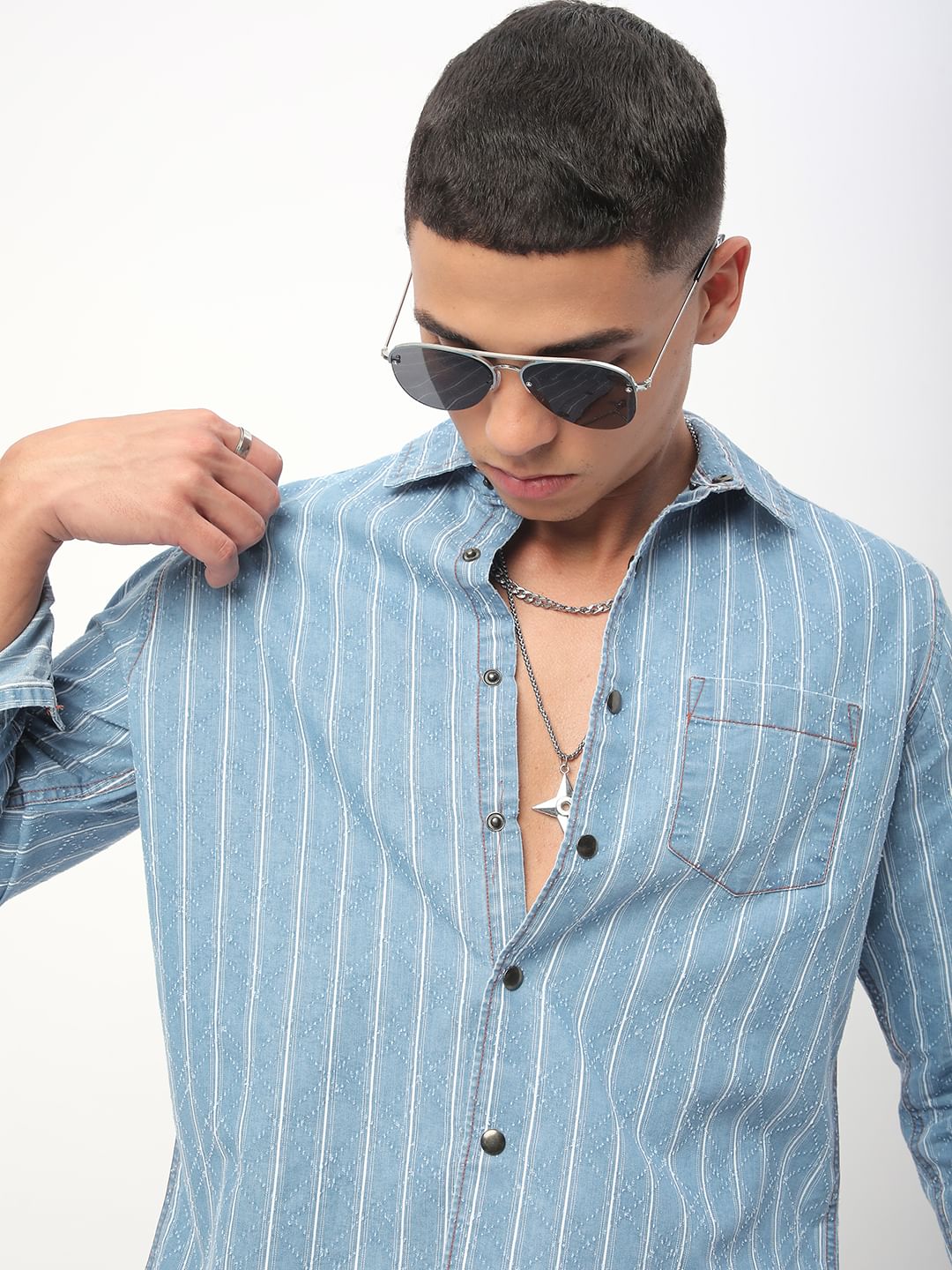 Denim Ditsy Laser Cut Lozenge Striped Shirt - Image 2